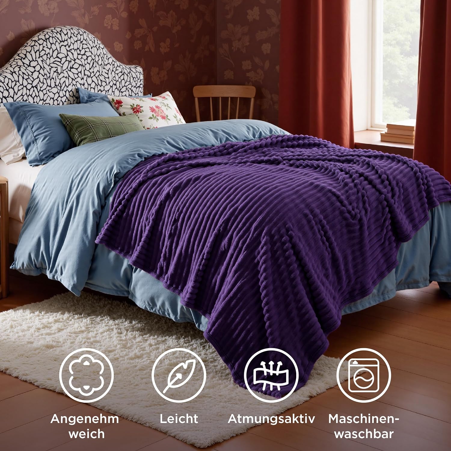 Detalle de BEDSURE Kuscheldecke 150 x 200 cm in Violett – Sofadecke aus Flanell mit Microfaser