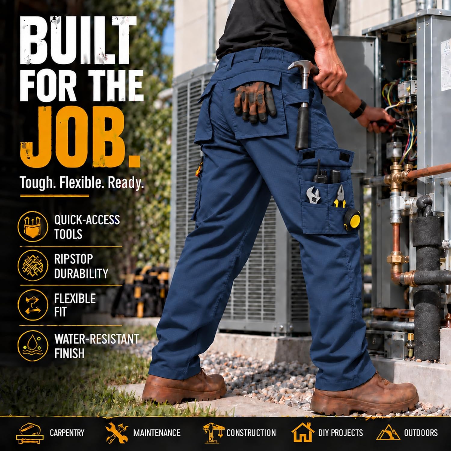 Detalle de ZITY Men's Work Pants, 10-Pocket Water-Resistant Ripstop Cargo Pants