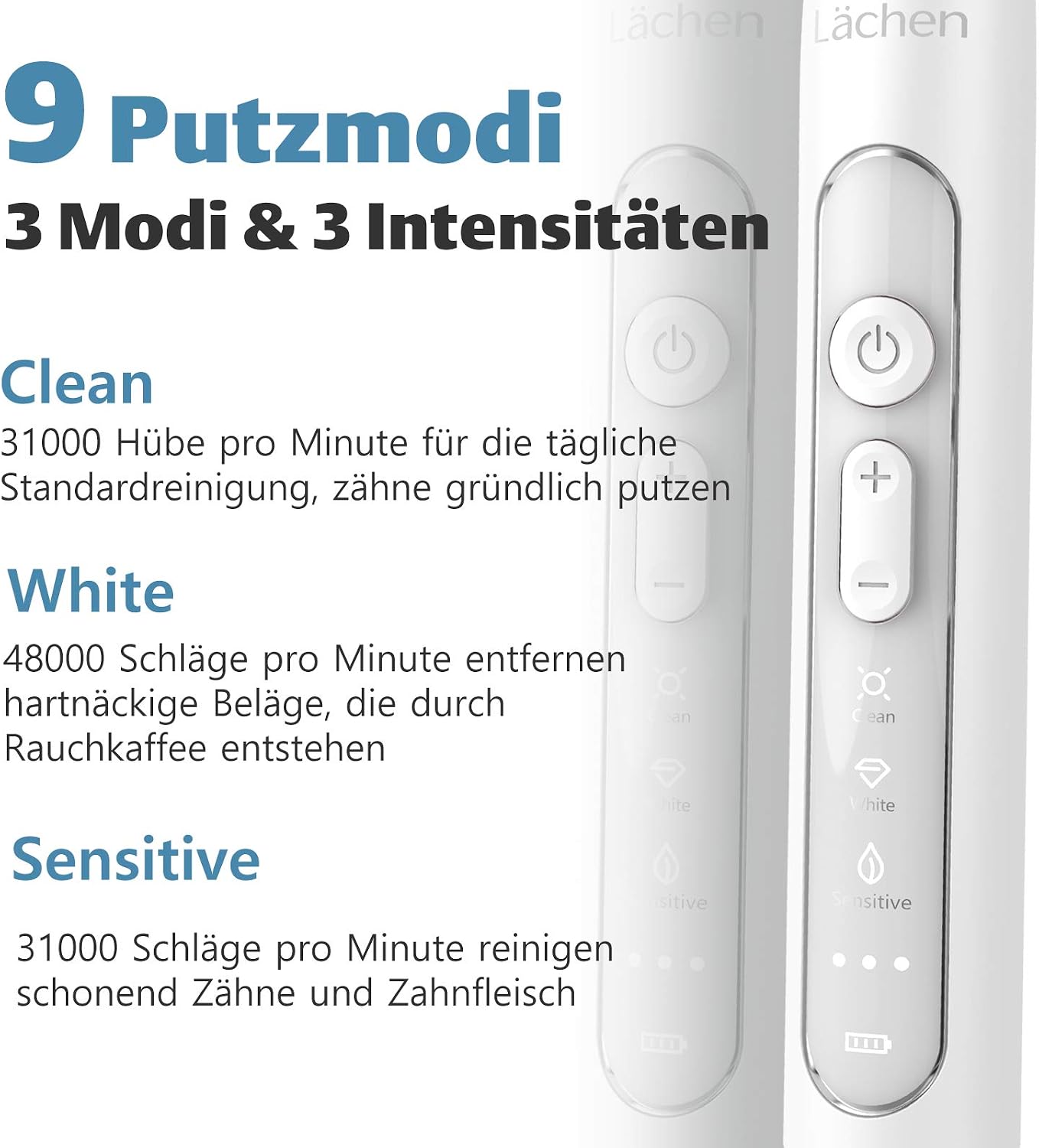 Thumbnail 2 de Lächen Sonic elektrische Schallzahnbürste mit Timer, 4 Aufsteckbürsten, 3 Modi und Reisetasche – weiß