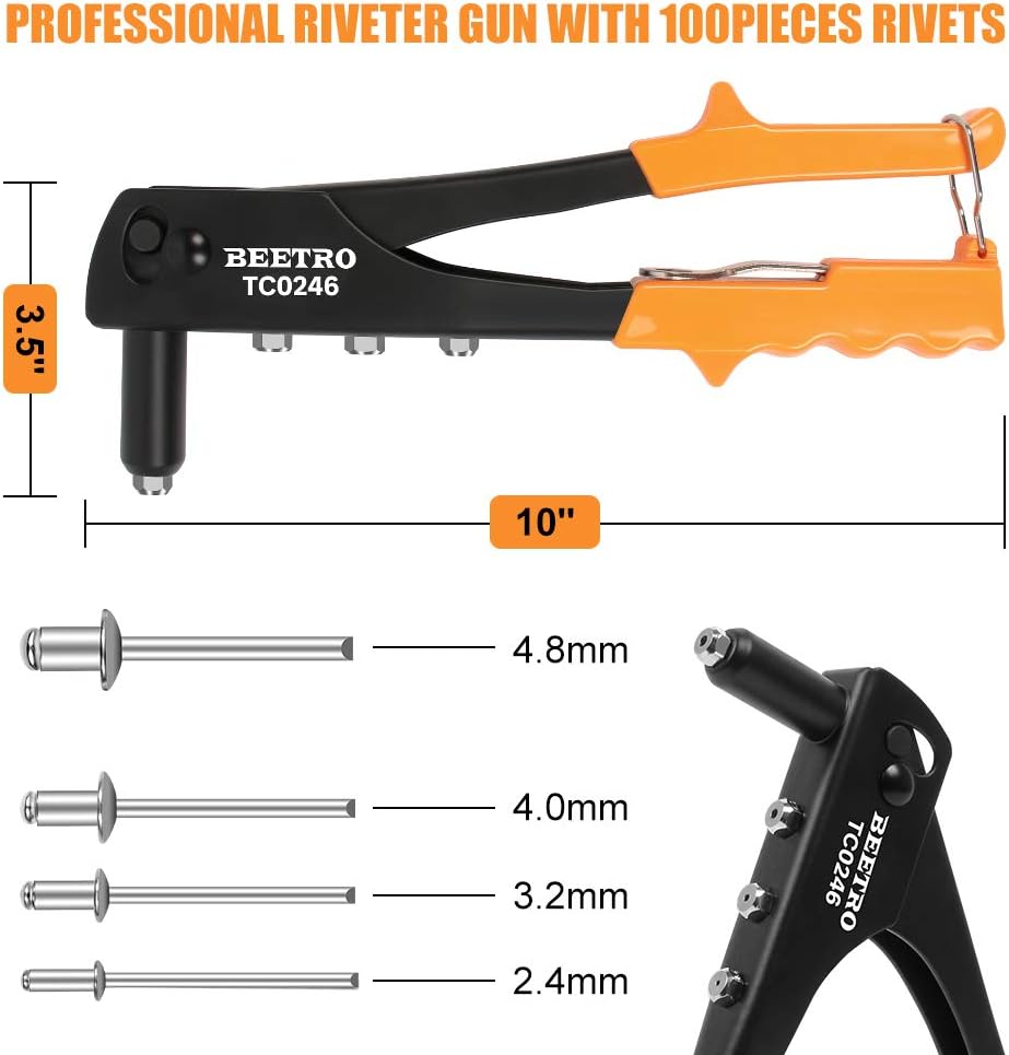 Detalle de BEETRO Heavy Duty Hand Riveter Review: 4 size set with 100 rivets for metal, plastic and leather