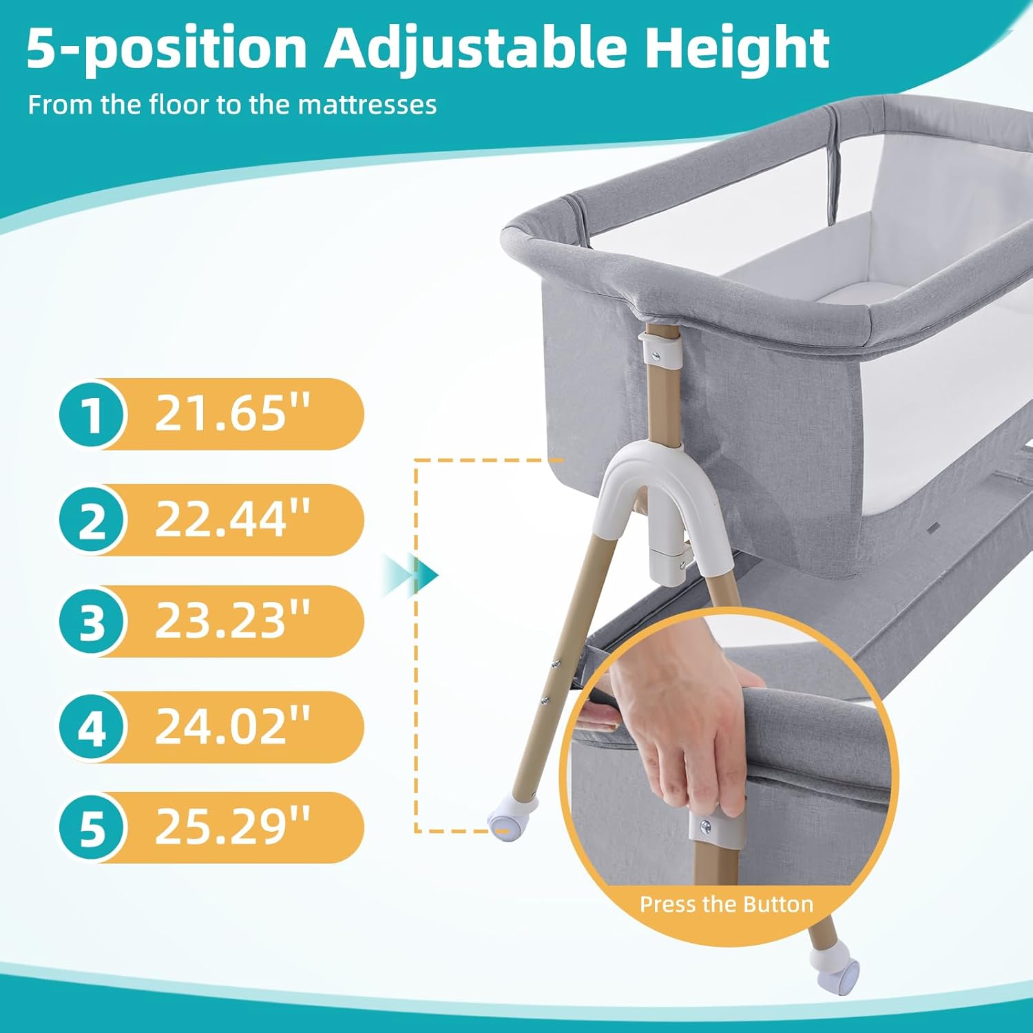 Thumbnail 4 de 3 in 1 Baby Beside Crib (from birth to 9kg) – portable bedside bassinet with adjustable height & incline, lockable wheels, grey