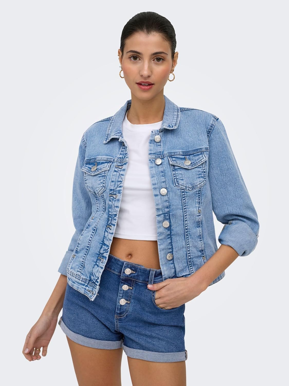 Detalle de ONLY Damen Jeansjacke ONLWONDER – Longsleeve mit Stretch-Anteil