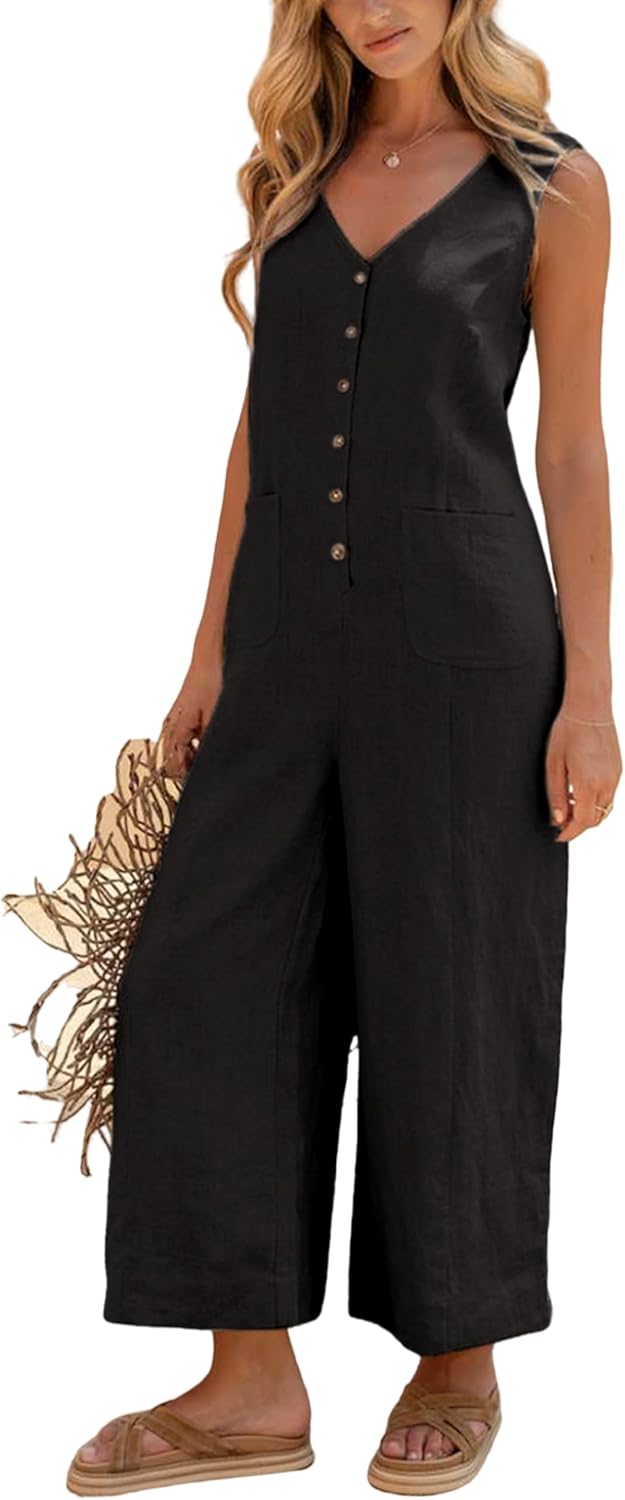 Thumbnail 1 de Yeokou Women Cotton Linen Button-Down Jumpsuit with Pockets (Sleeveless, Wide-Leg)
