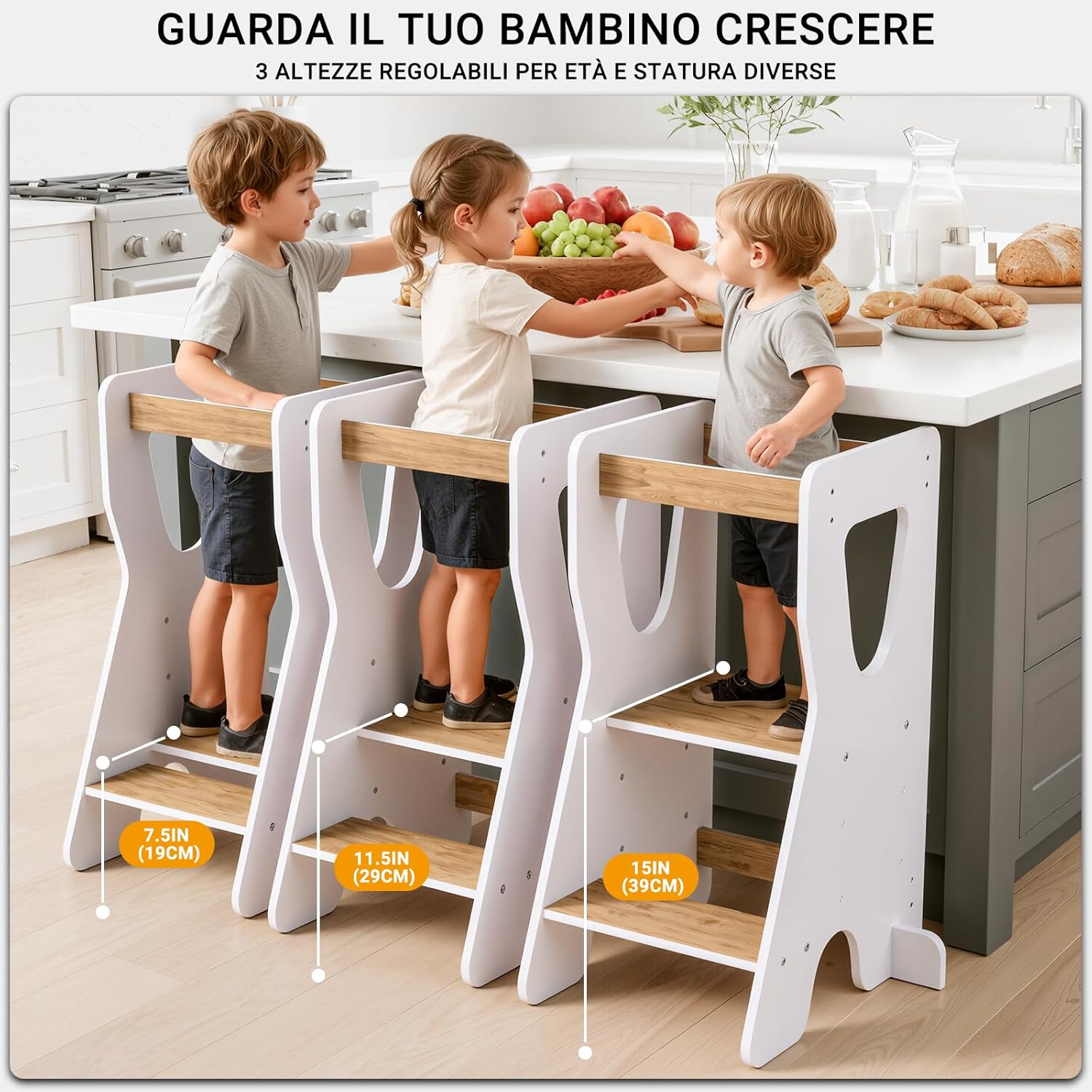 Detalle de COSYLAND Torre Montessoriana Bambini - Torretta in Legno Naturale, 3 Altezze Regolabili, Bianco e Naturale