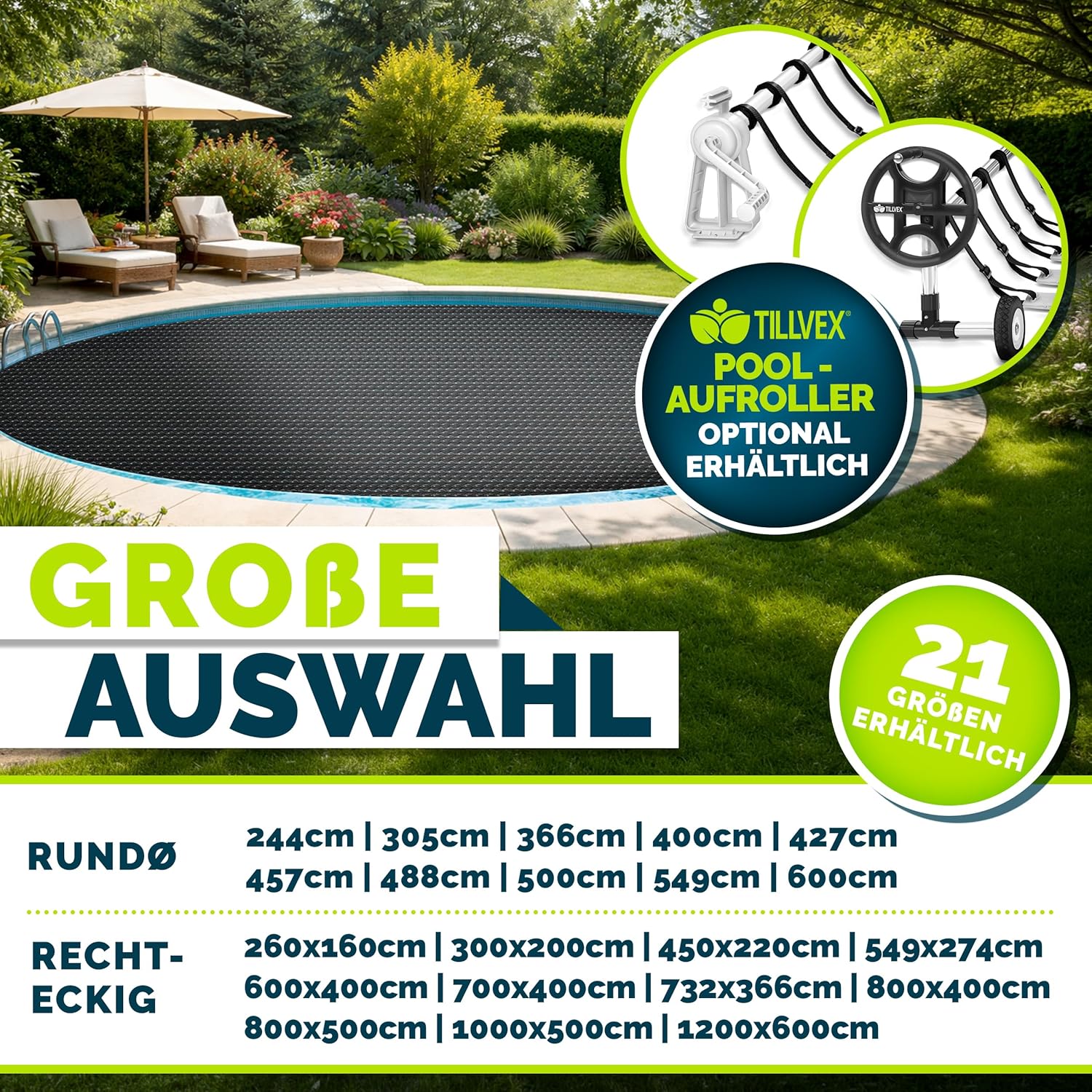 Detalle 2 de tillvex Pool Solarabdeckplane – Rund & Rechteckig, 1000x500 cm, 120 µm, Schwarz