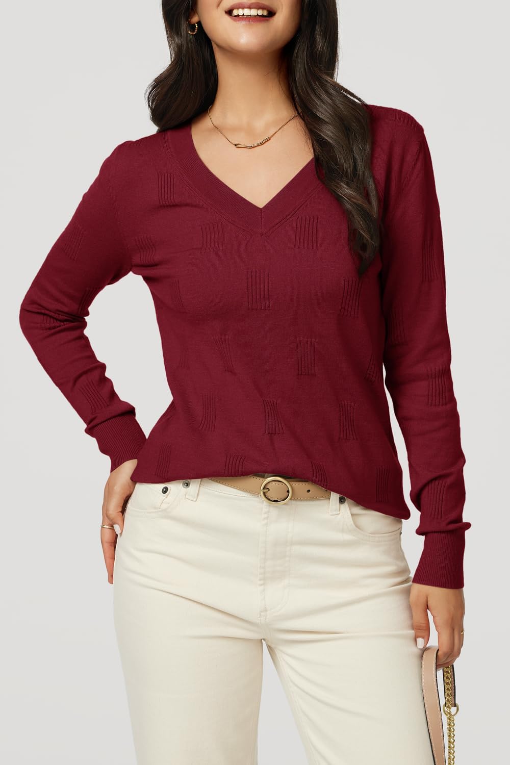 Detalle 2 de Arach&Cloz Women's Lightweight V-Neck Knit Sweater, Long Sleeve