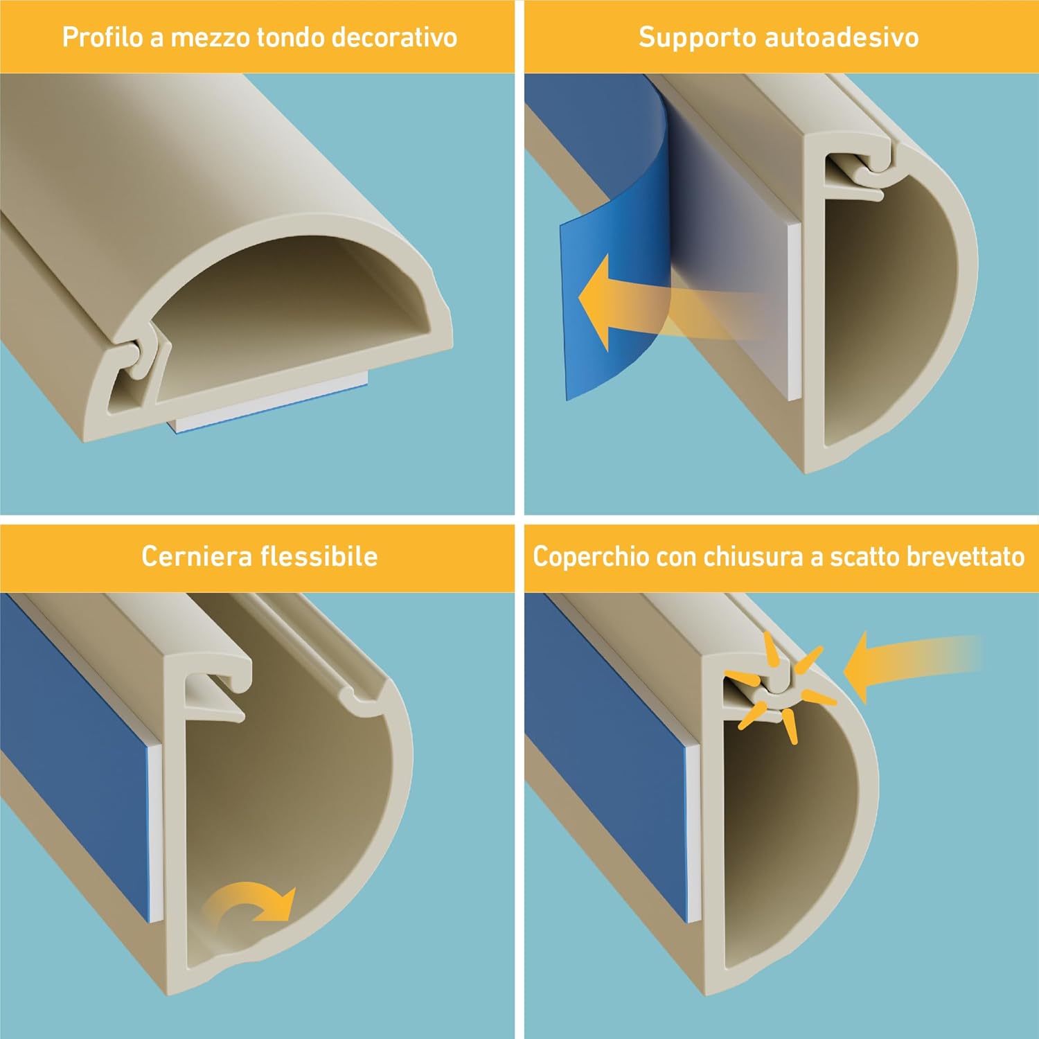 Detalle de D-Line Canalina passacavi 20x10 mm in multipack da 4 m, profilo semicircolare autoadesivo (magnolia)