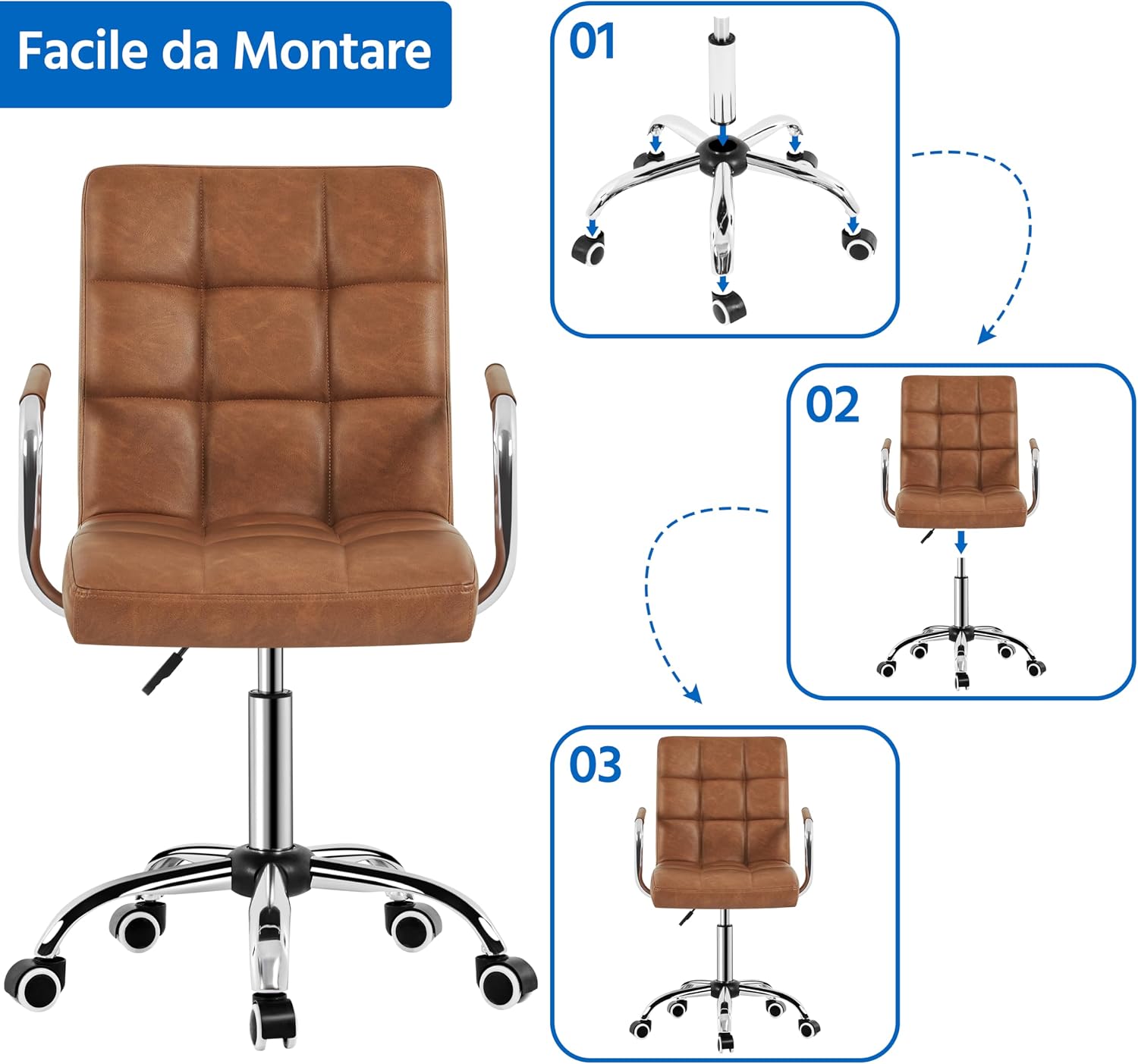 Thumbnail 6 de Yaheetech sedia ufficio con rotelle girevoli in ecopelle, altezza regolabile e braccioli rimovibili (marrone vintage)