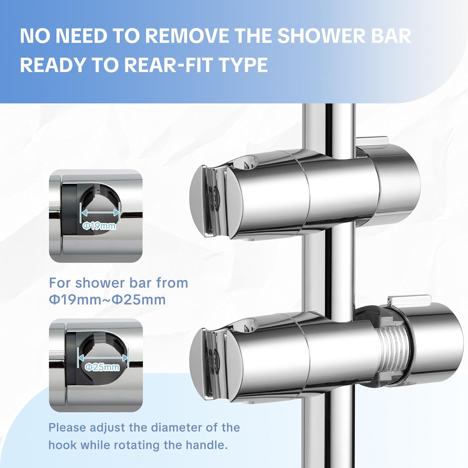 Thumbnail 2 de OFFO Shower Head Holder for 20-23mm — Adjustable 19-25mm Diameter Bracket, 45° Rotation, Chrome