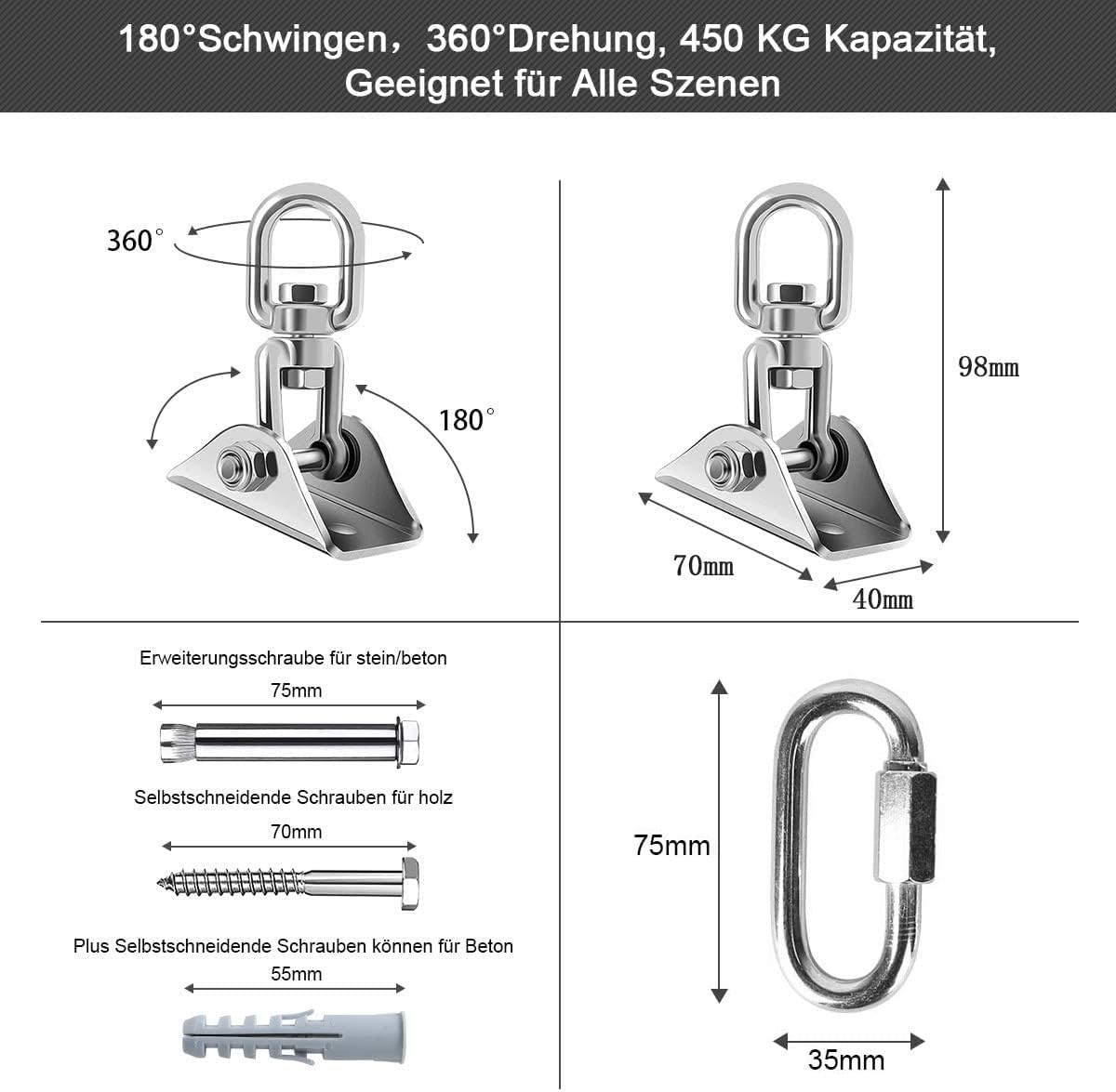 Detalle 2 de Deckenhaken Hängesessel Schwingfeder 450KG – 360° Drehbar aus Edelstahl
