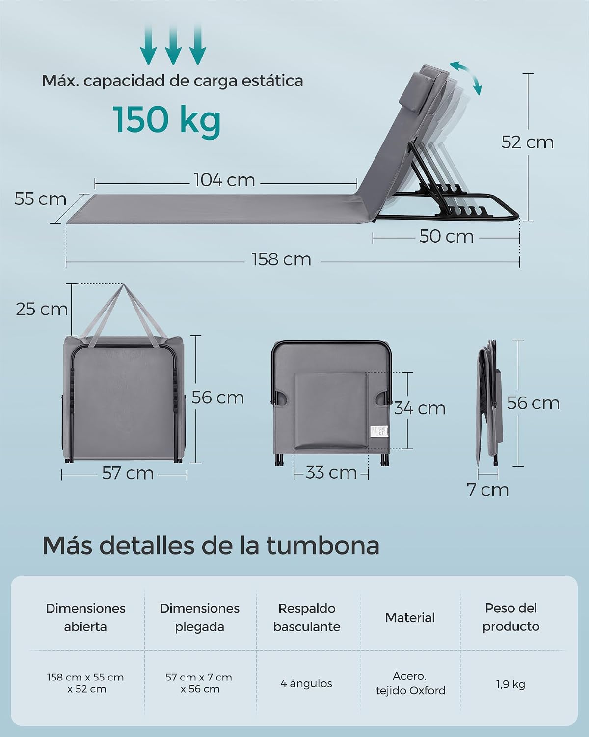 Detalle de SONGMICS Juego de 2 Tumbonas de Playa GCB251G01: confortables, ligeras y plegables