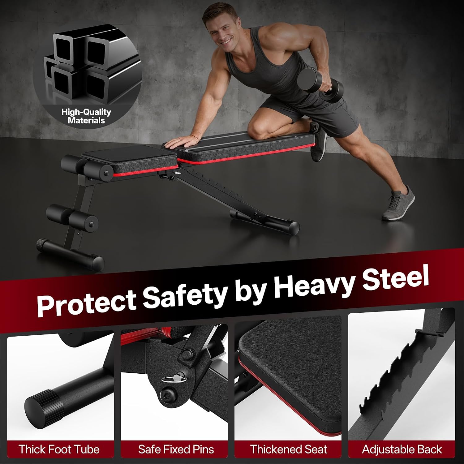 Detalle de PASYOU Adjustable Weight Bench, Foldable Incline, Decline and Flat Positions