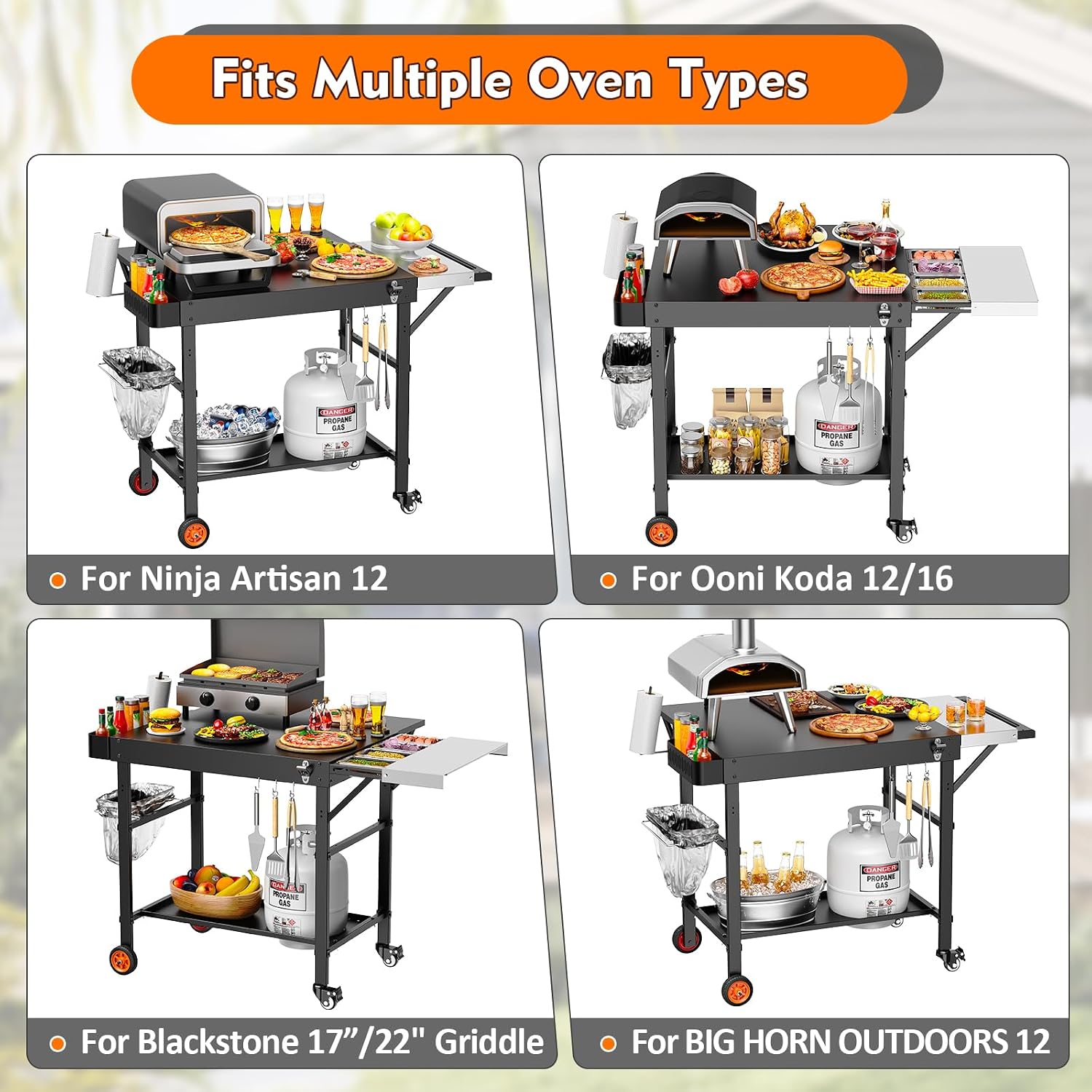 Detalle de EsFrondo Pizza Oven Table, Wheeled Grill Cart with 28.8-Inch Prep Surface