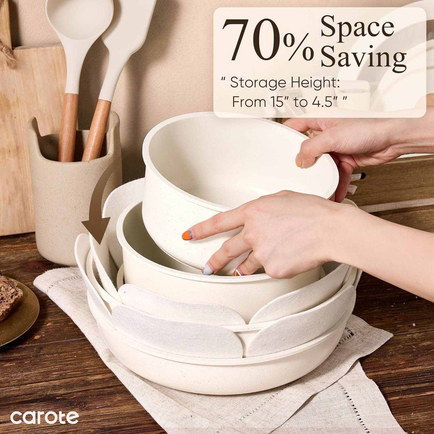 Thumbnail 5 de CAROTE Detachable Handle Nonstick Pots and Pans Set (Cream) — Space-Saving Cookware Collection for Induction, Oven & Dishwasher