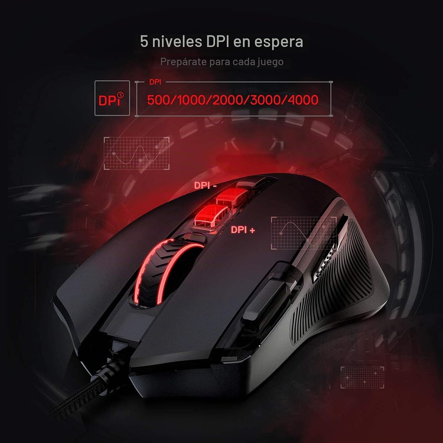Detalle de Redragon M612 Predator RGB: ratón óptico con cable, 8000 dpi y 11 botones programables