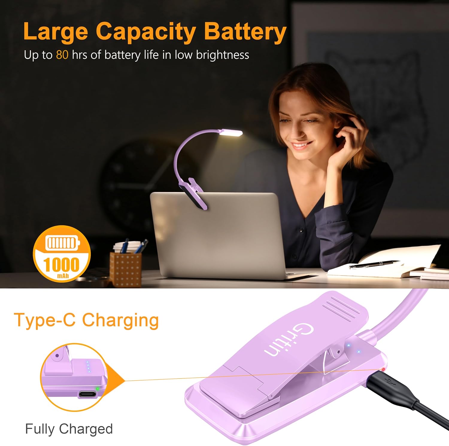 Thumbnail 3 de Gritin Leselampe Buch Klemme – USB-Aufladbare Klemmleuchte mit 3 Farbtemperaturen und 360° Flexibilität (Lila)