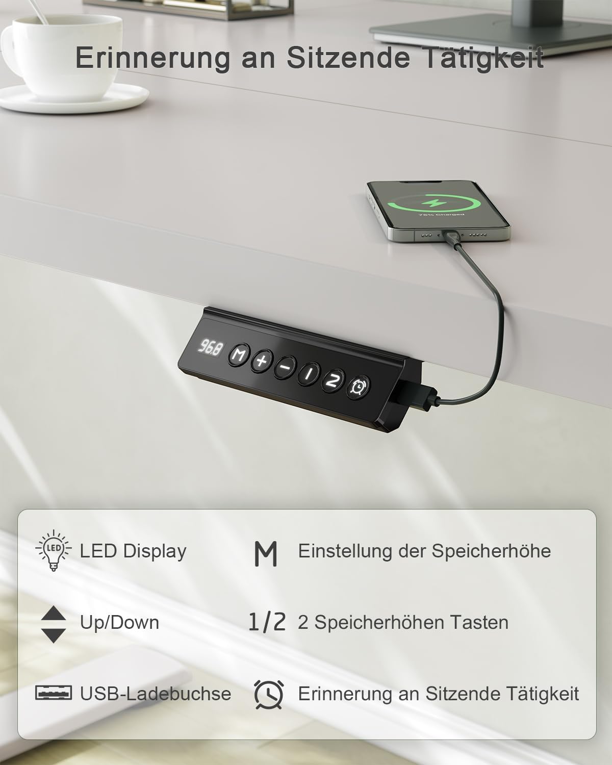 Thumbnail 3 de JUMMICO Höhenverstellbarer Schreibtisch mit USB-Ladeanschluss – elektrisch höhenverstellbar, 180 × 80 cm, Grau