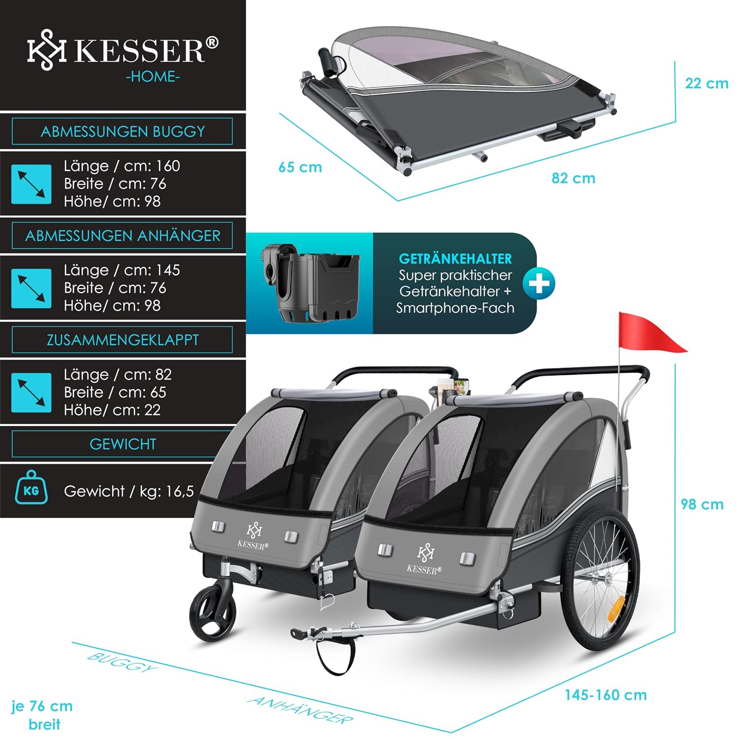Thumbnail 6 de KESSER Kinderfahrradanhänger Sport-RX 2in1 Jogger & Buggy mit 5-Punkt-Gurt, 360°-Vorderrad und Sicherheits-Set für 1–2 Kinder