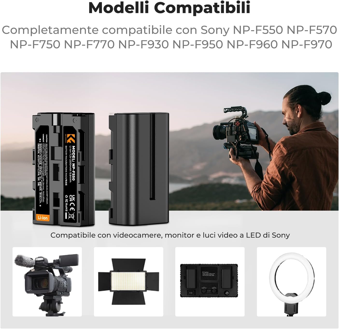 Thumbnail 3 de K&F CONCEPT NP-F550 (2 batterie) da 2600 mAh + kit doppio caricatore micro USB per Sony NP-F550/F570/F750/F770/F930/F950/F960/F970