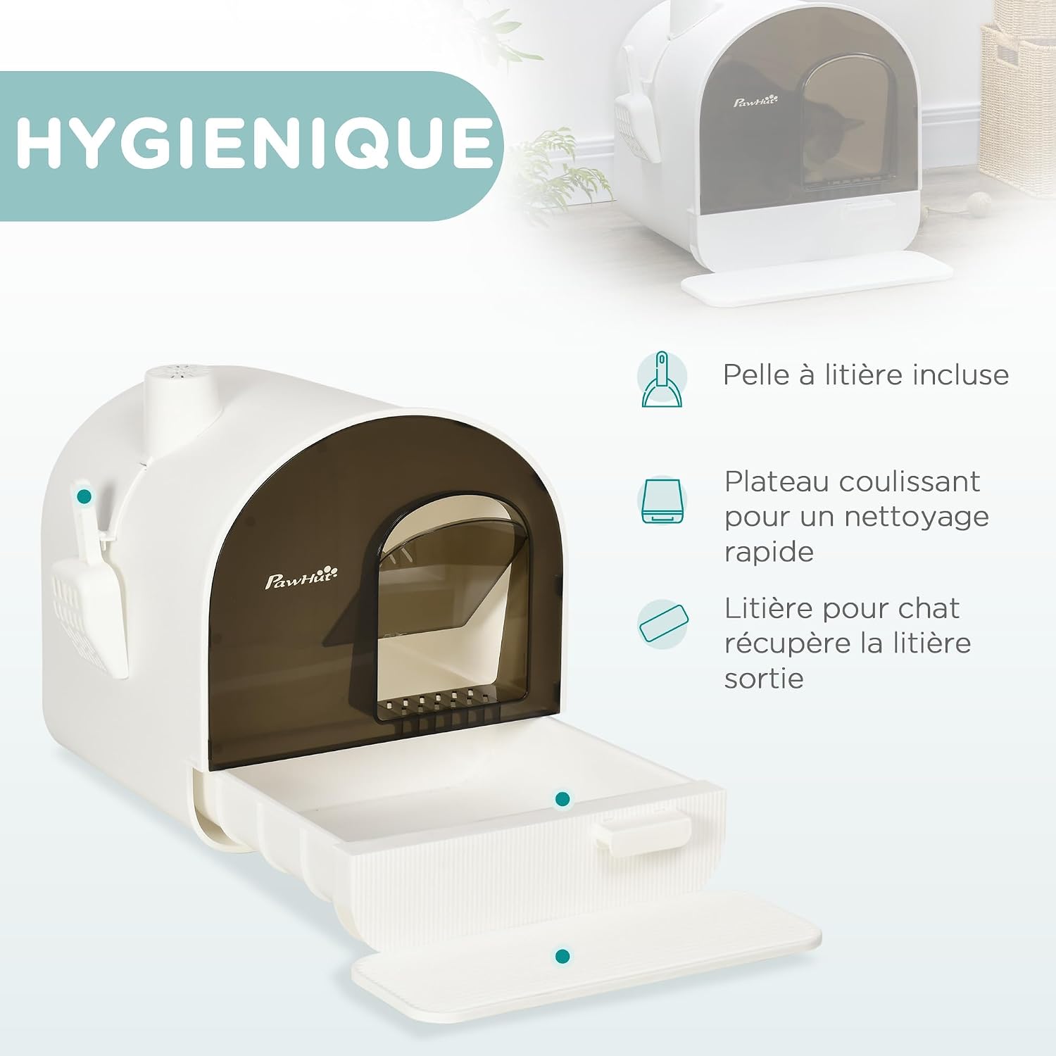 Detalle de PawHut bac à litière pour chat maison de toilette avec porte battante, pelle et filtre inclus (43 × 44 × 47 cm) – Blanc