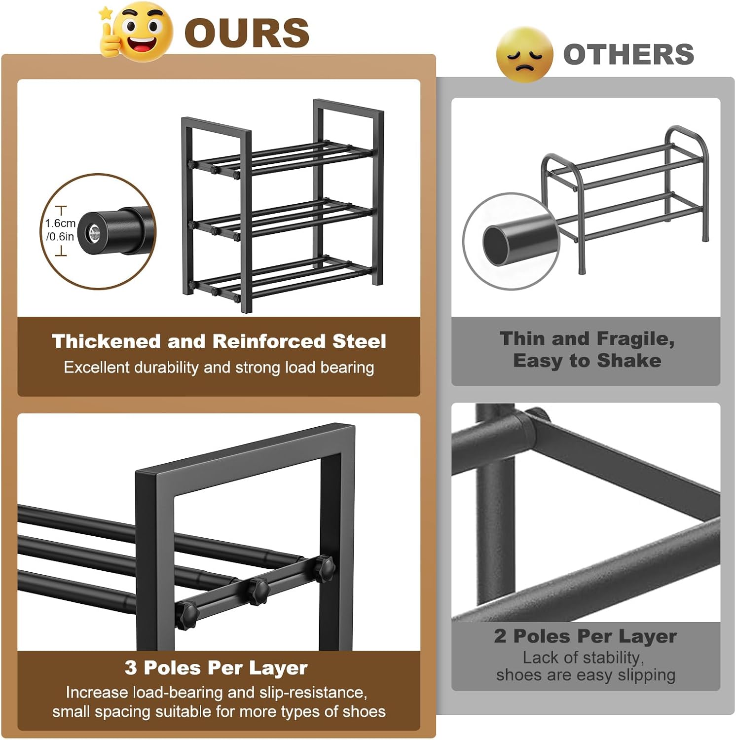 Detalle 2 de Roylvan Shoe Rack 3-Tier Expandable Metal Shoe Rack, 17"–31", Black