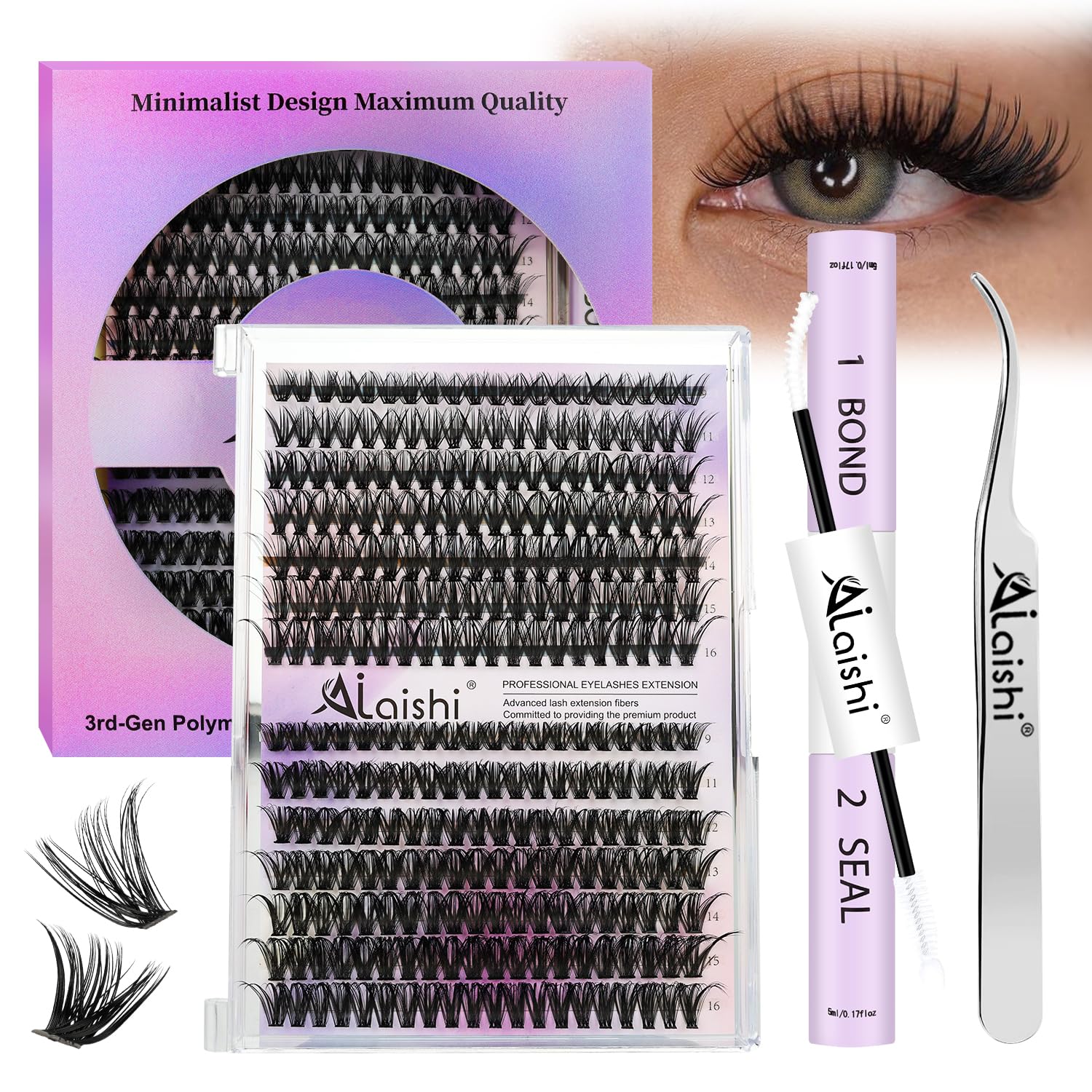 AILAISHI Wimpern Extensions Kit – 280 Stück Cluster Lashes 9–16 mm, 40D+50D D-Curl inkl. Bond & Seal