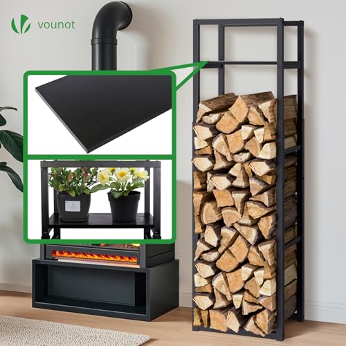 Detalle de vounot Range Bûches Vertical en Métal Réglable sur 3 Niveaux avec Étagère Intégrée – 45 x 32 cm, Noir