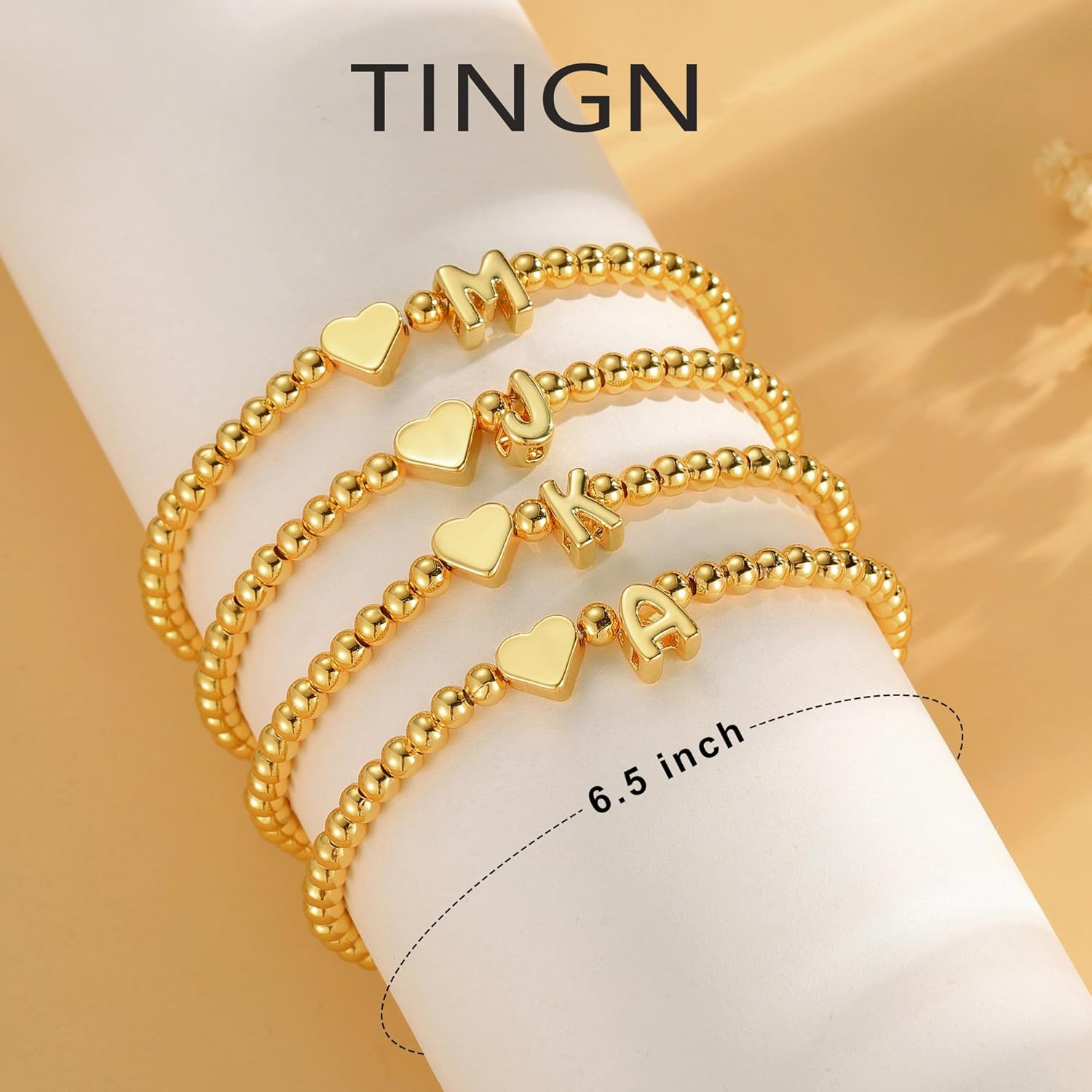 Thumbnail 5 de TINGN Armband Damen Gold – 14K Vergoldet, Herz & Initialien, elastisches Perlenarmband (16,5 cm)