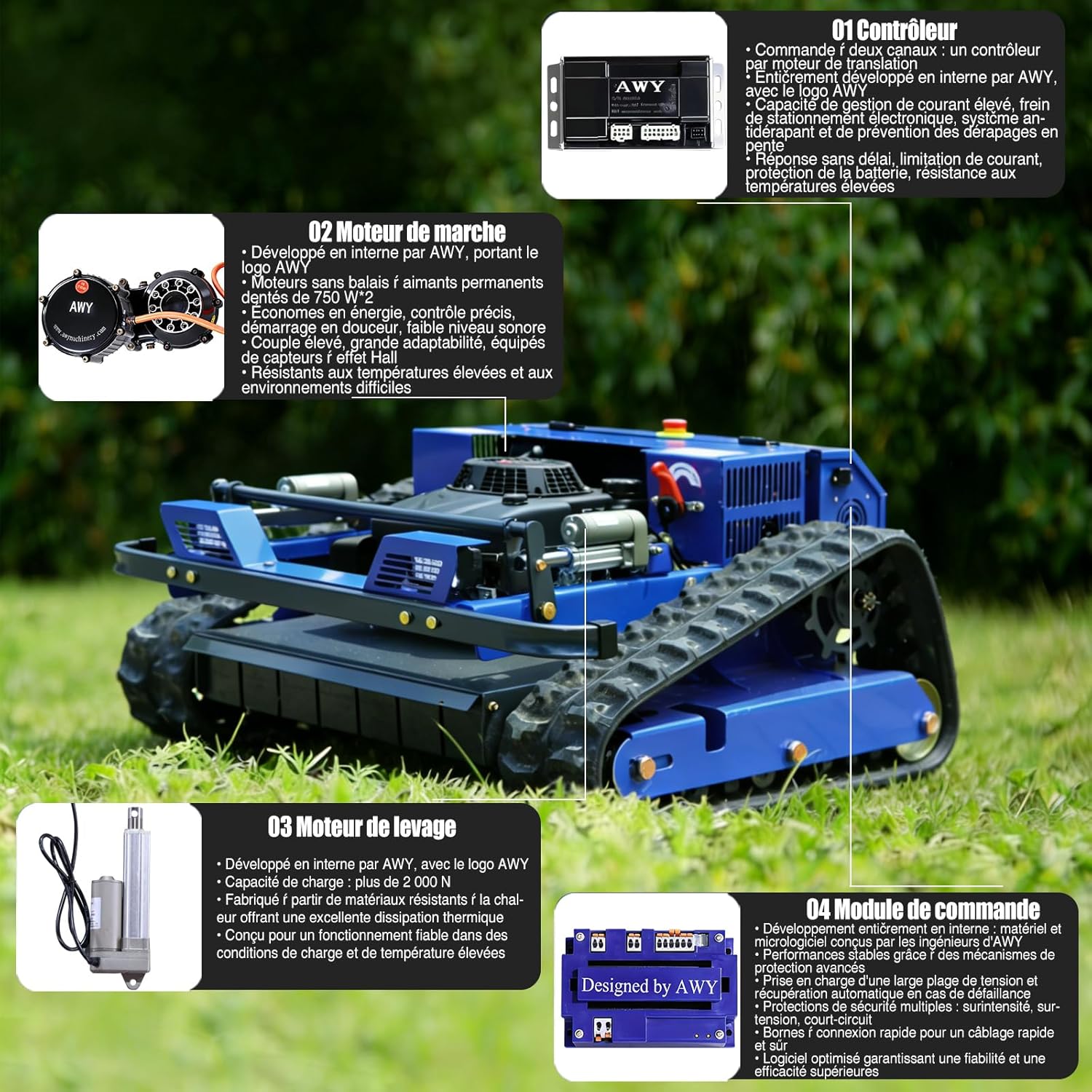 Detalle de Tondeuse à Gazon télécommandée Tout-Terrain — version de base, chenilles et moteur brushless 24 V