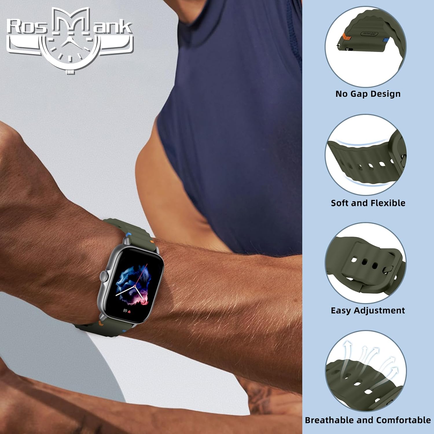 Detalle 2 de RosMank 20mm Silicone Watch Band – compatible with Amazfit T-Rex 3 Pro and a wide range of 20mm watches