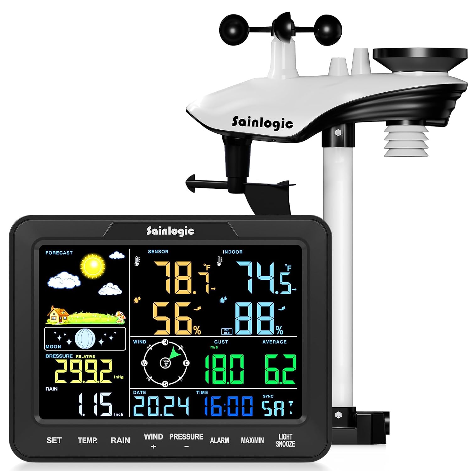 Detalle de Sainlogic 12-in-1 Wireless Weather Station with Rain Gauge, Large LCD Display