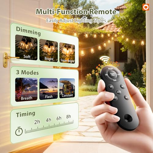 Detalle de addlon 52(48+4) FT Solar String Lights: Remote-Dimmable, All-Weather Edison-Style Outdoor Ambience