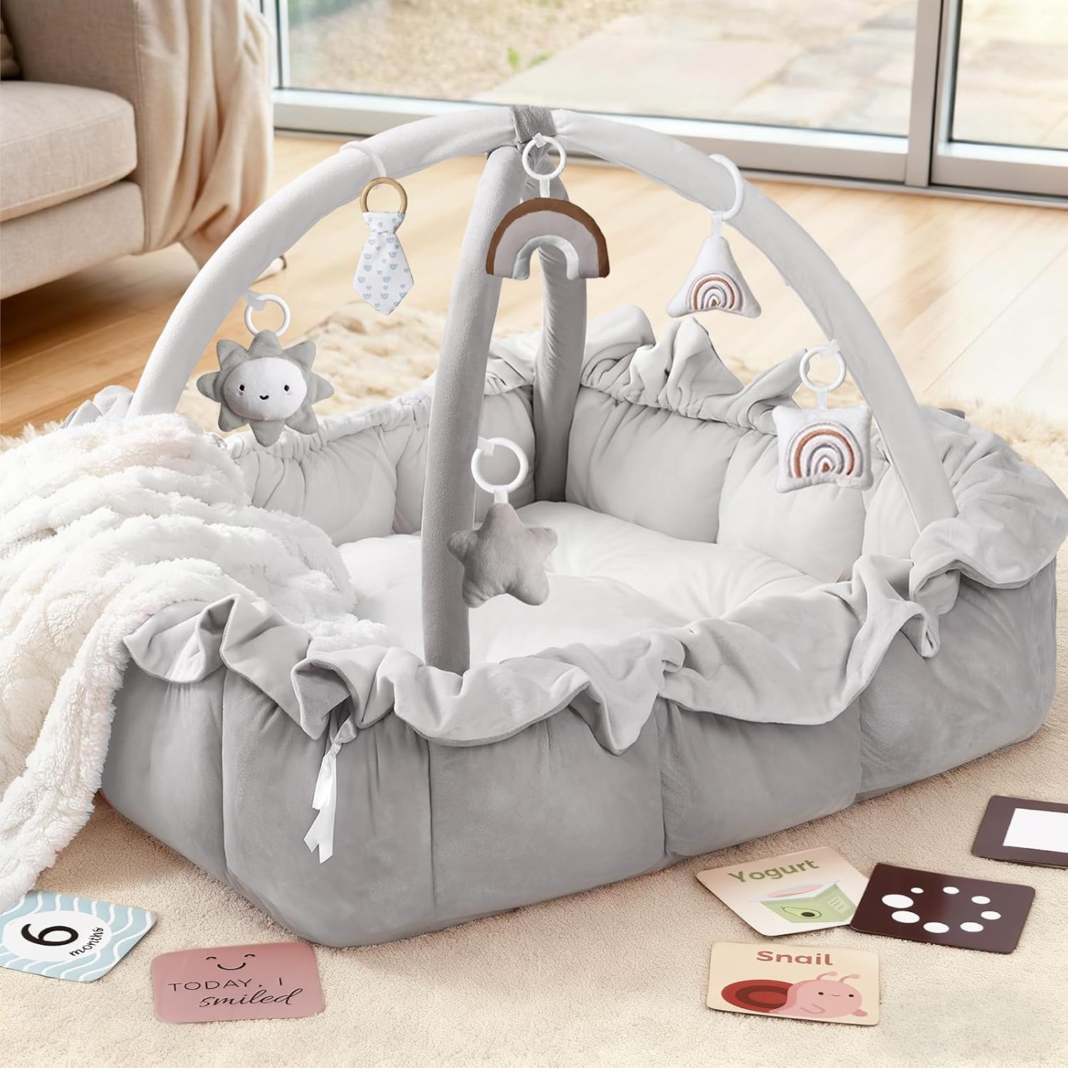 Detalle de Mallify 5-in-1 Plush Baby Play Gym (Convertible Activity Center) in Gray