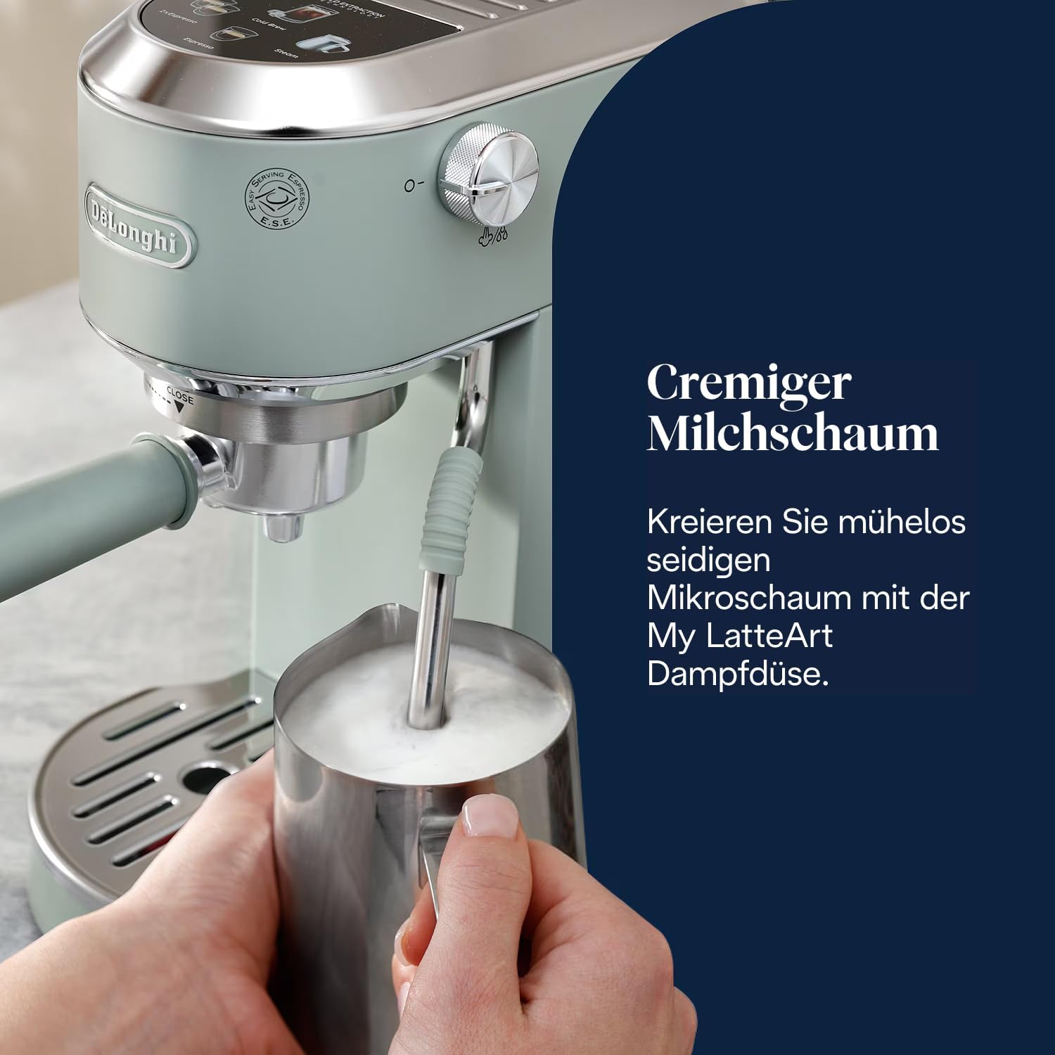 Detalle de De’Longhi Dedica Duo EC890.GR – Kompakte Siebträgermaschine in Grün