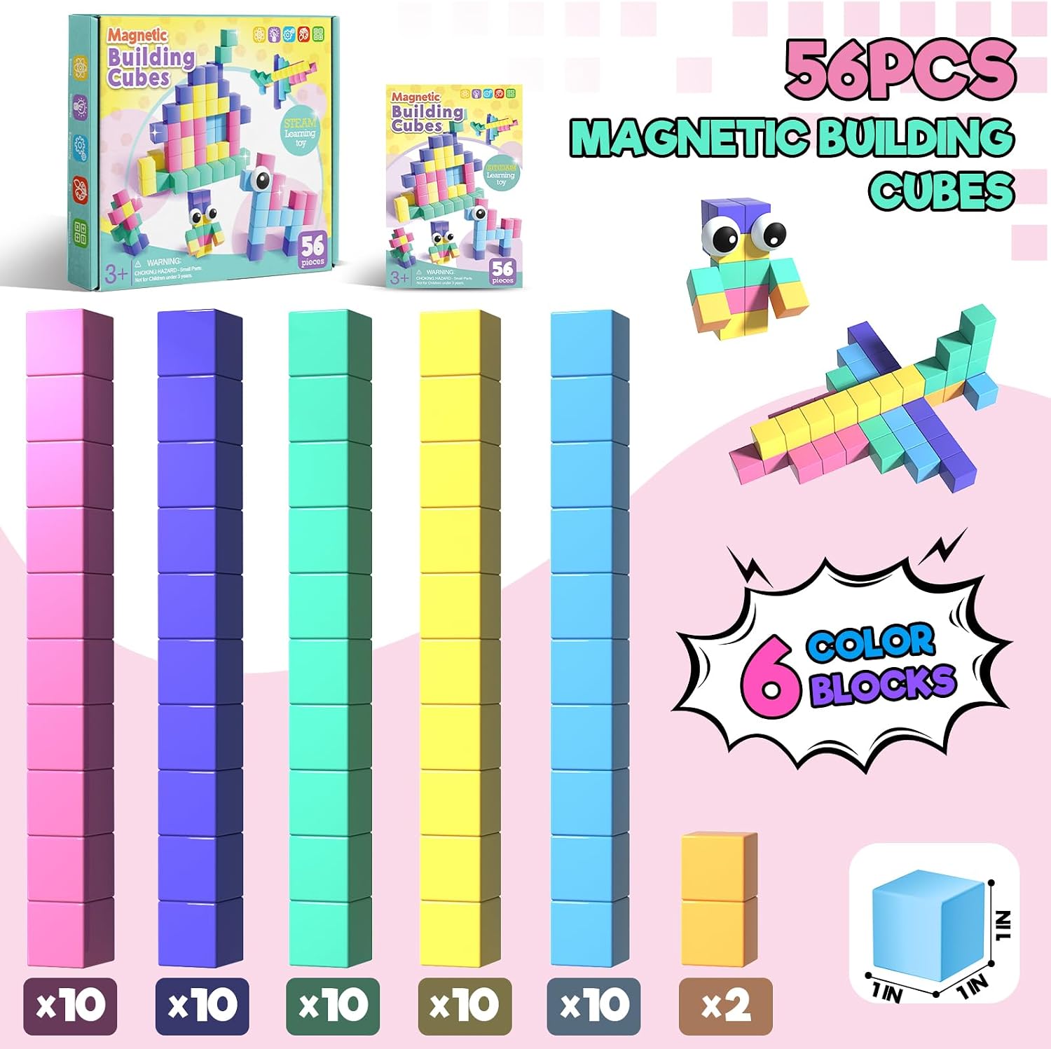 Thumbnail 1 de Magnetic Building Blocks for Kids (56pcs) – 1-inch Magnetic Cubes & Tiles with Toy Eyes for STEM Play