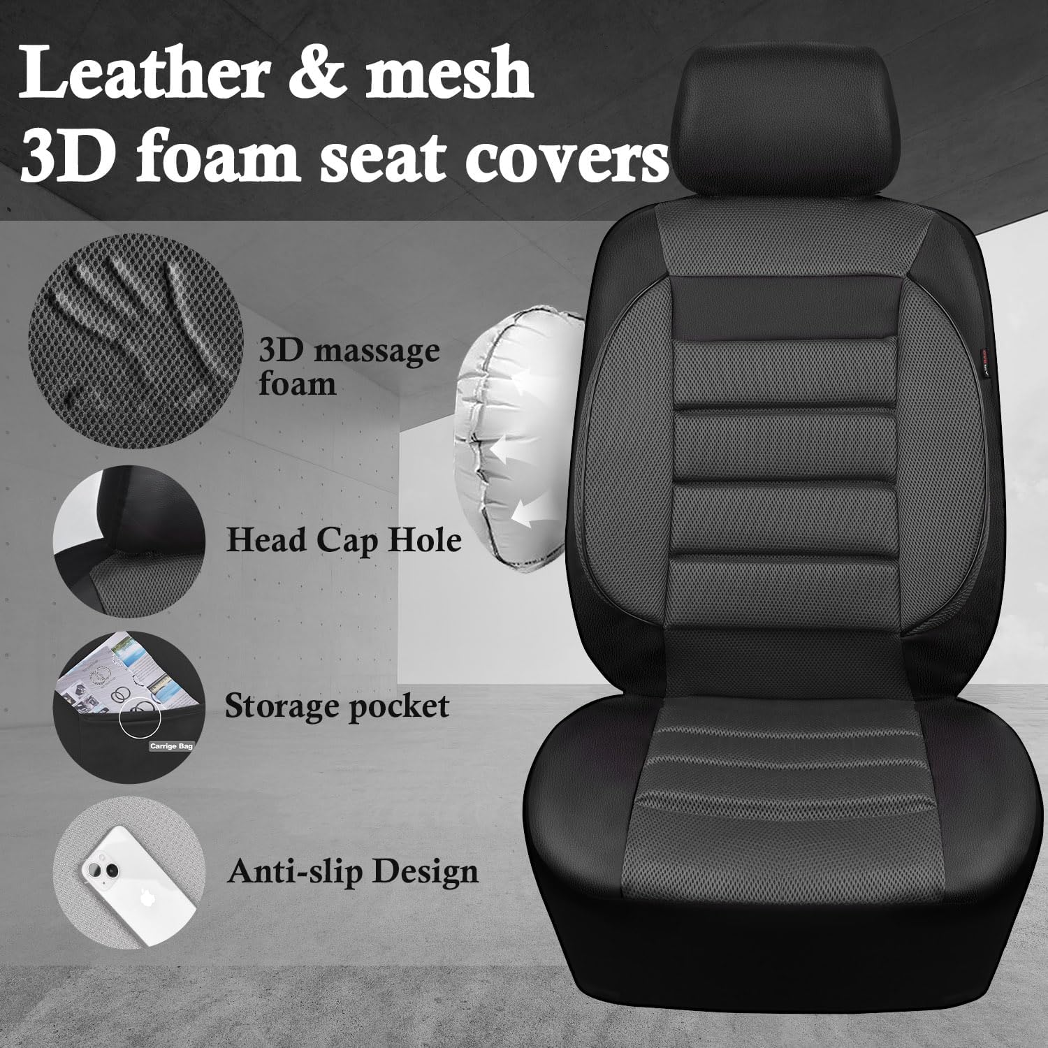 Detalle de CAR PASS 3D Foam Leather Front Seat Covers, Charcoal Gray