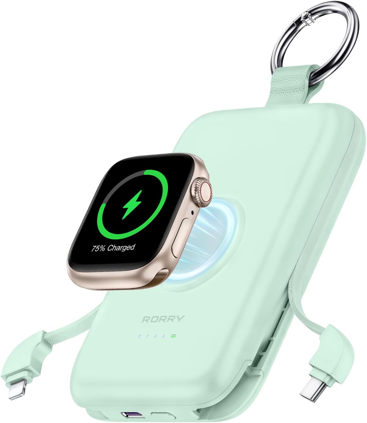 Detalle de RORRY 10000mAh PD 20W Portable Charger with Built‑in Cables – Green