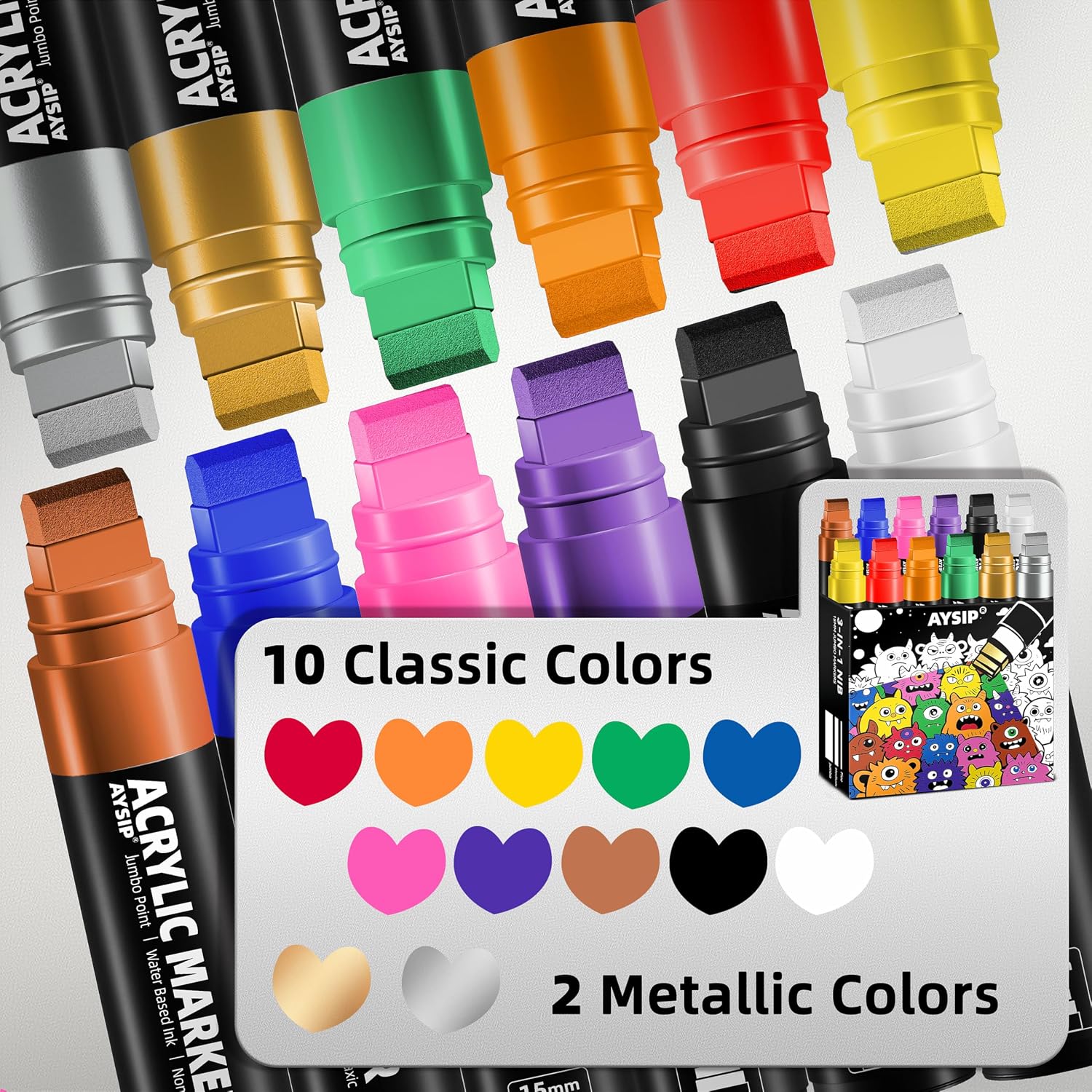 Detalle 2 de AYSIP 12-Color Jumbo Acrylic Paint Markers, 15mm Wide Tip, Multi-Surface