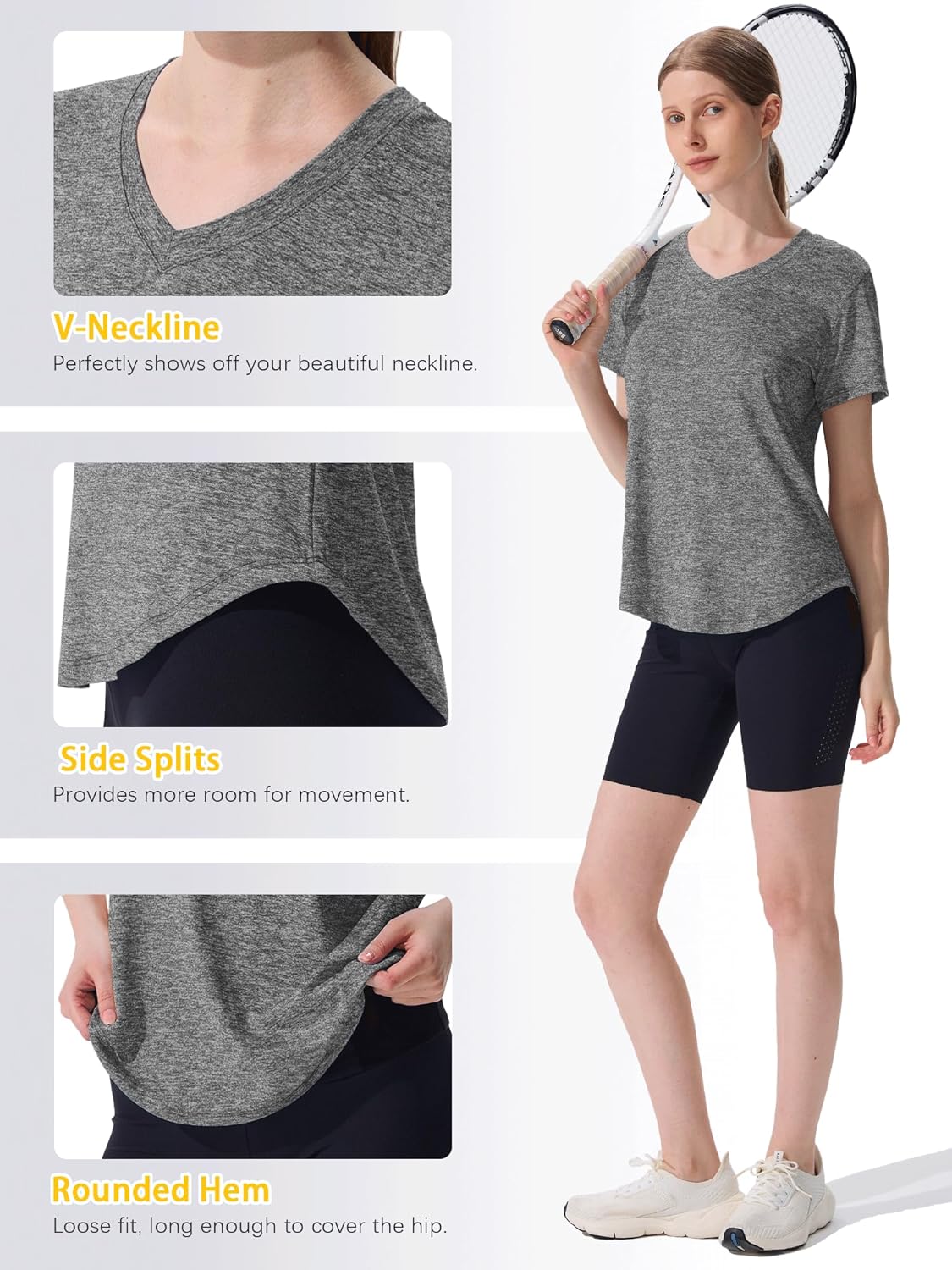 Detalle de Sportshirt Damen Kurzarm V-Ausschnitt UPF 50+ – atmungsaktives Fitness-T-Shirt im 5er-Pack