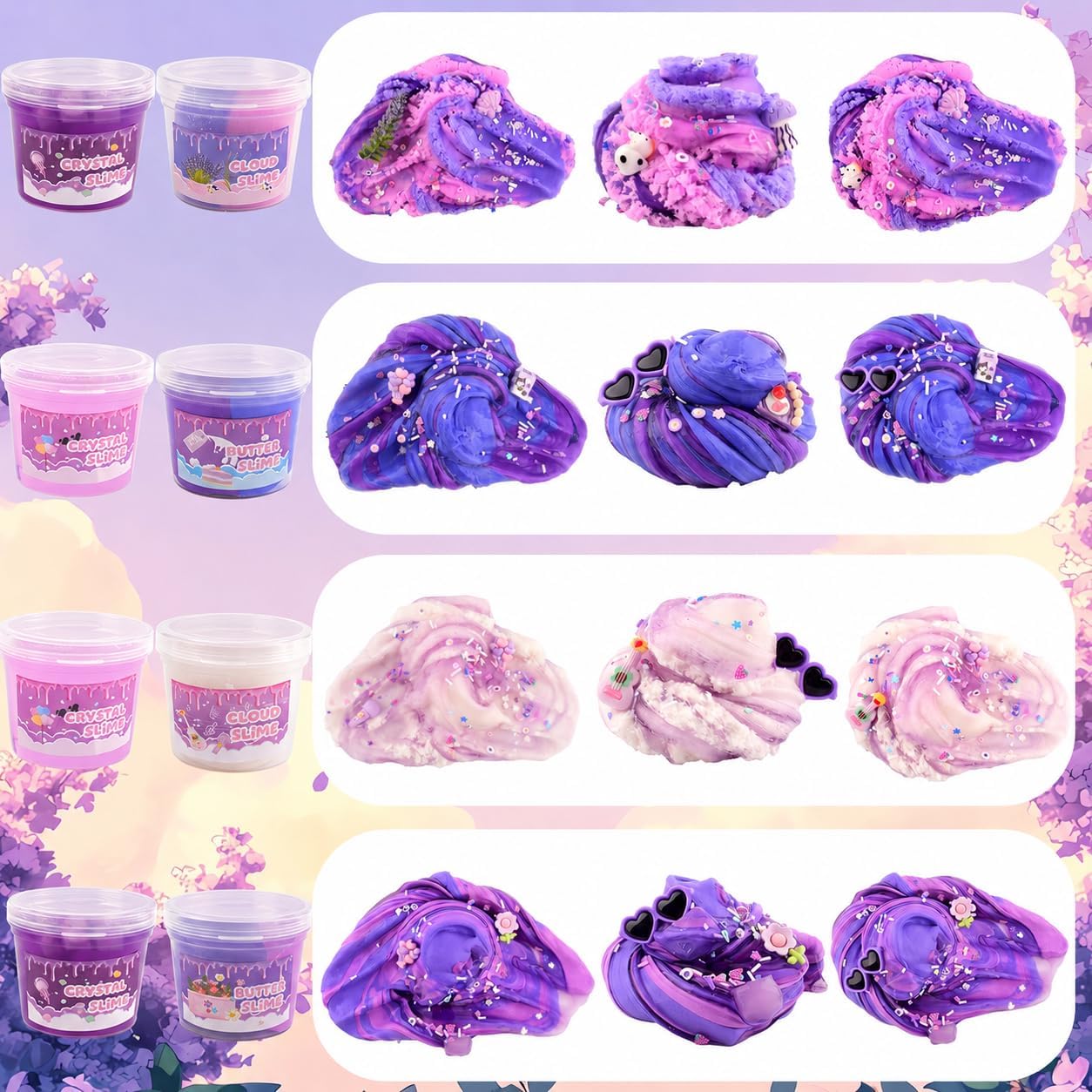 Thumbnail 4 de Petyuioyu Slime Set für Kinder – 6 x 60 ml (lila), 3 Texturen, 12 Charms, 6 Deko-Beutel