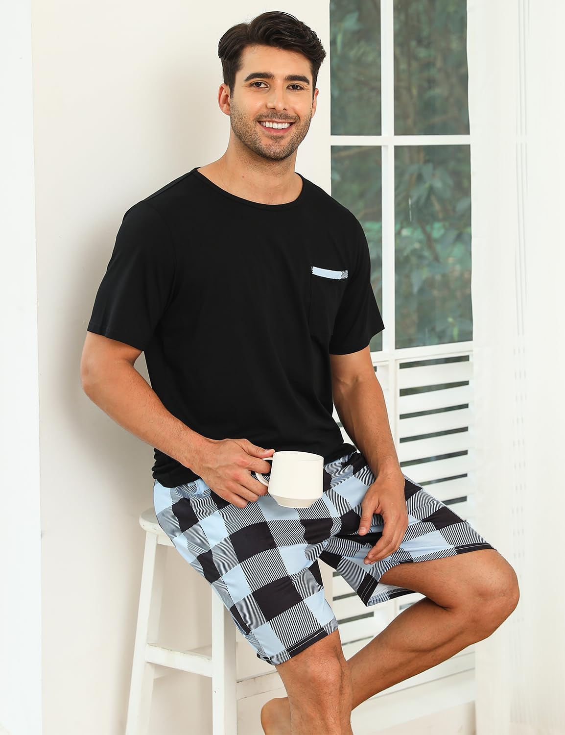 Detalle de SPKPKEY 2026 Neuer Paar-Pyjamas Baumwoll-Loungewear-Set Kurzarm-Oberteil & Shorts – Weiche Schlafmode