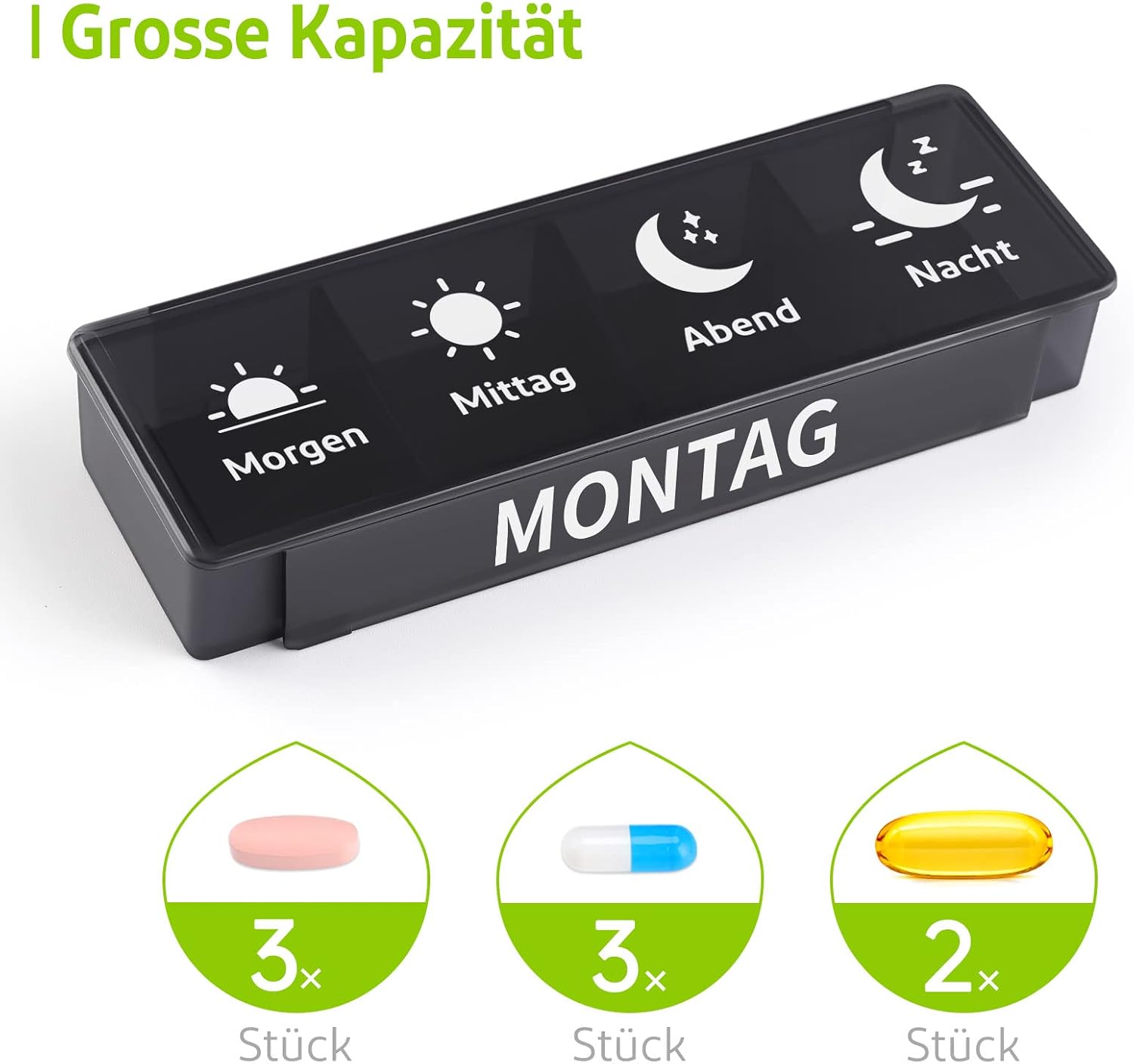 Detalle de Opret Tablettenbox 7 Tage Morgens Mittags Abends Nachts – Vier Fächer, schiebbares Design, BPA-frei