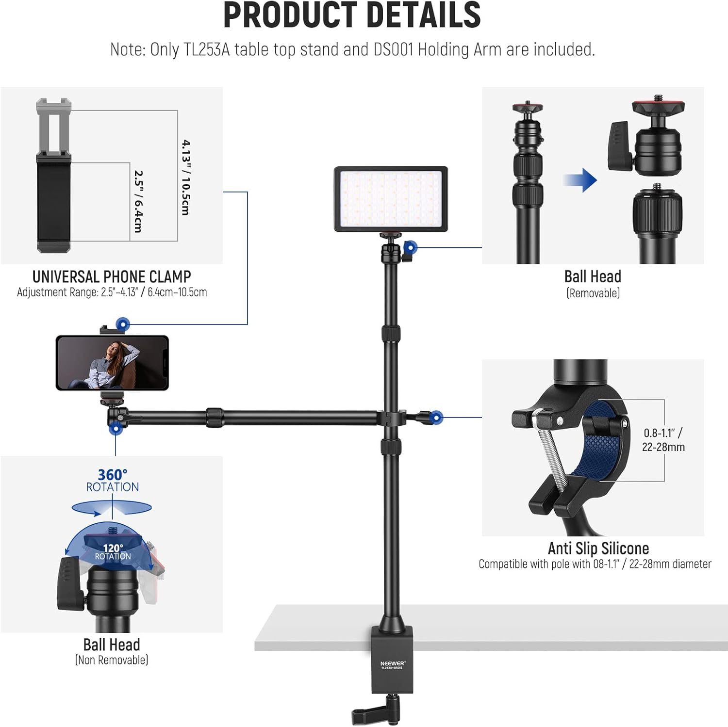 Thumbnail 5 de Neewer TL253A+DS001 table camera tripod with 2 telescopic arms and phone holder