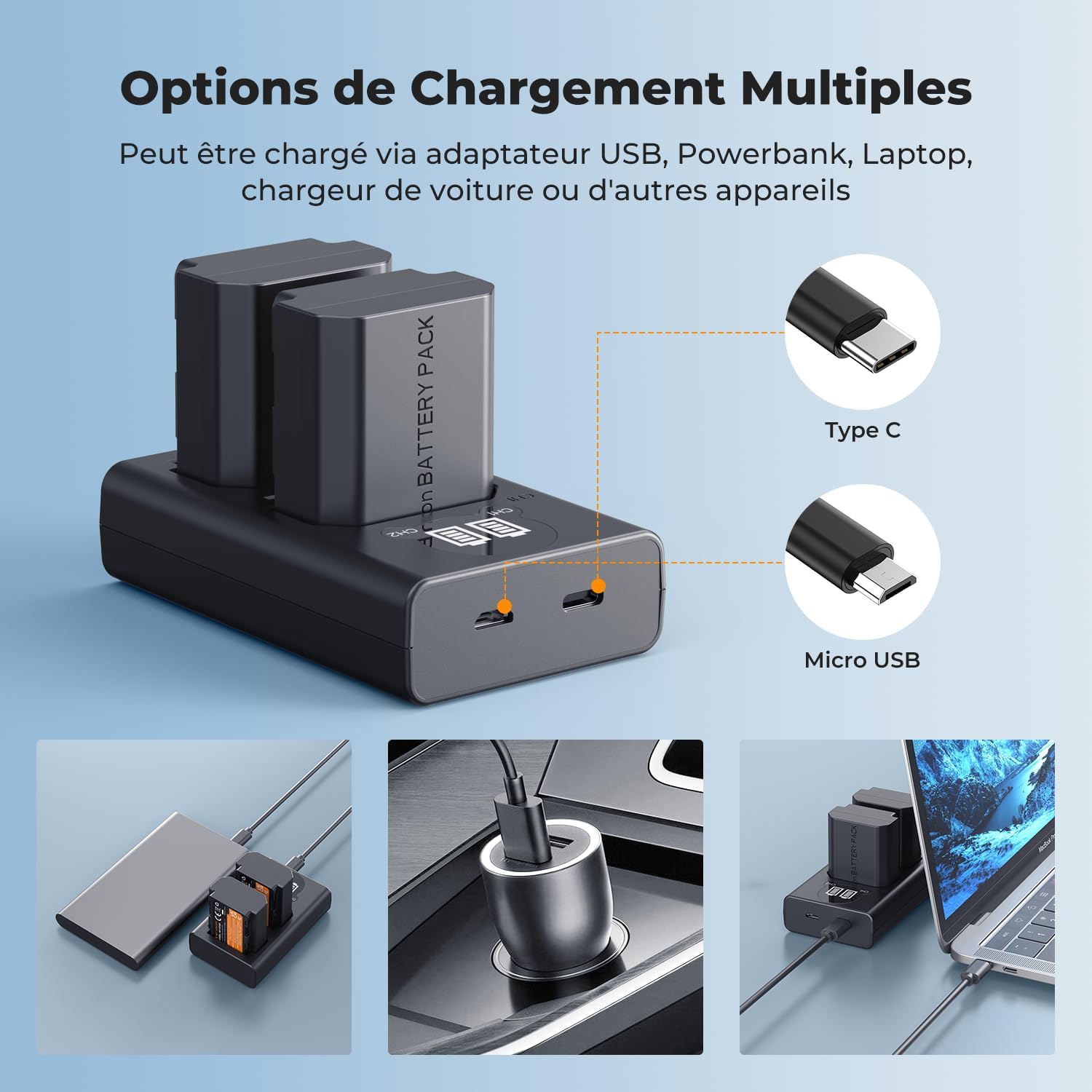 Thumbnail 5 de K&F CONCEPT Batterie 2600 mAh NP-FZ100 + chargeur double avec écran LCD (compatibles Sony A7 III/A7 IV, FX3, FX30, ZV-E1…)