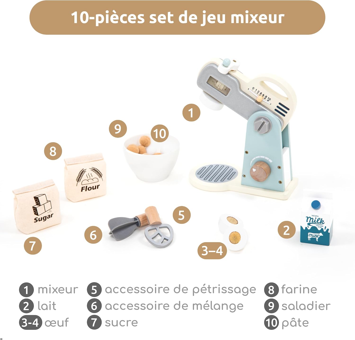 Detalle de UMU® Mixer Kit bois: ensemble de 10 pièces pour petits chefs à partir de 3 ans