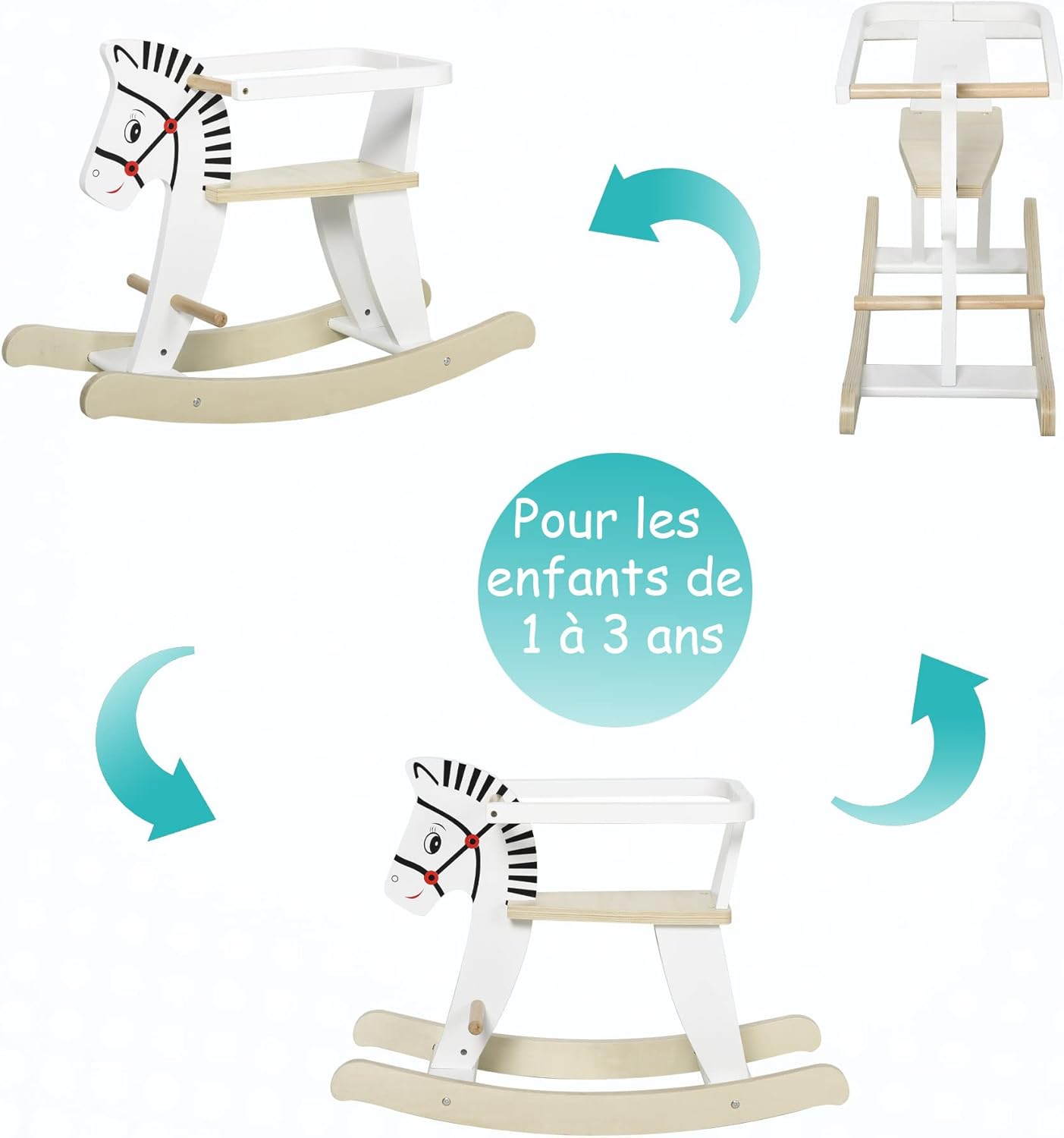 Thumbnail 3 de HOMCOM Cheval à Bascule Zebra en bois avec poignées, repose-pieds et anneau de sécurité