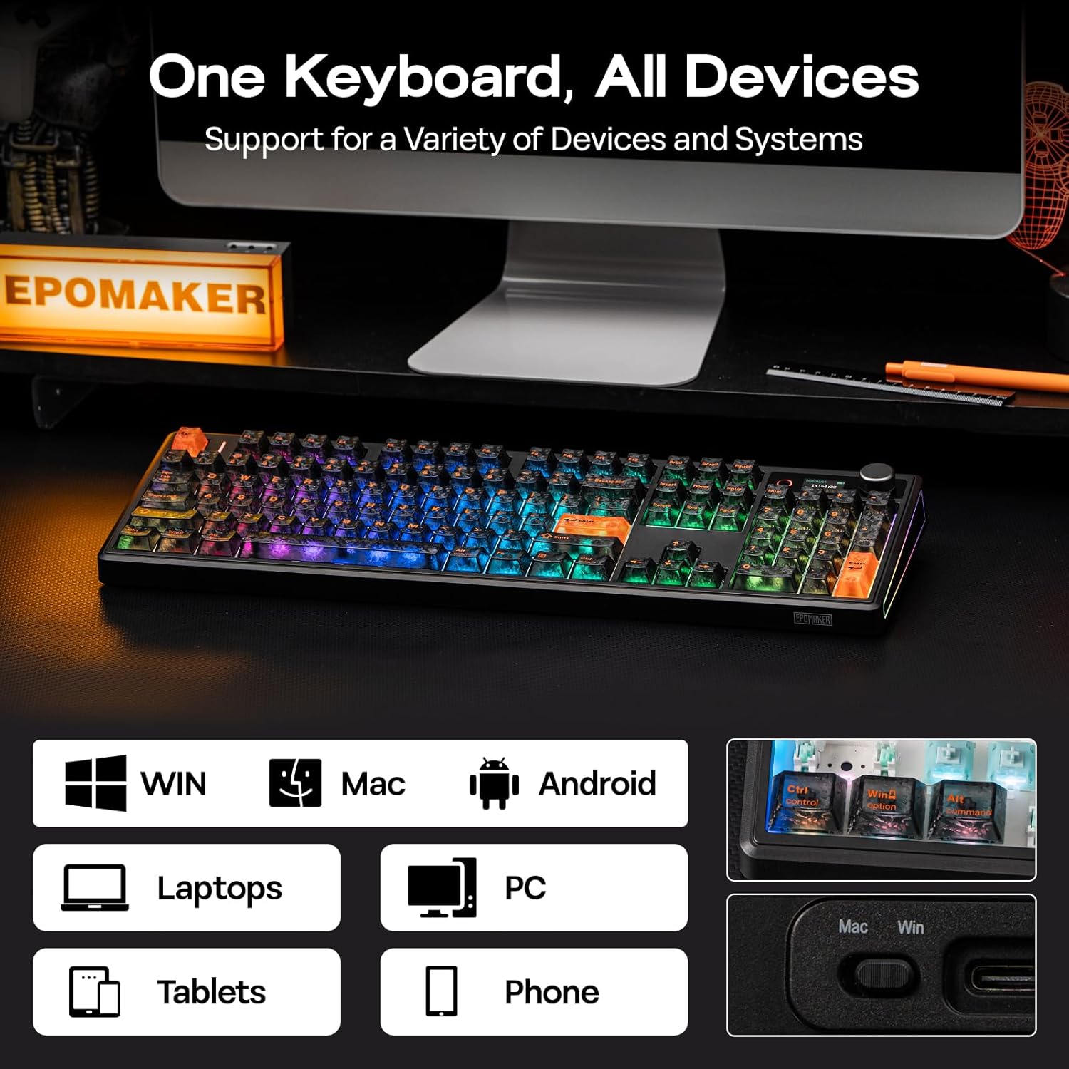 Detalle 2 de EPOMAKER TH108 V2 PRO Full-Size Mechanical Keyboard with Screen & Knob (Black, Sea Salt Silent)