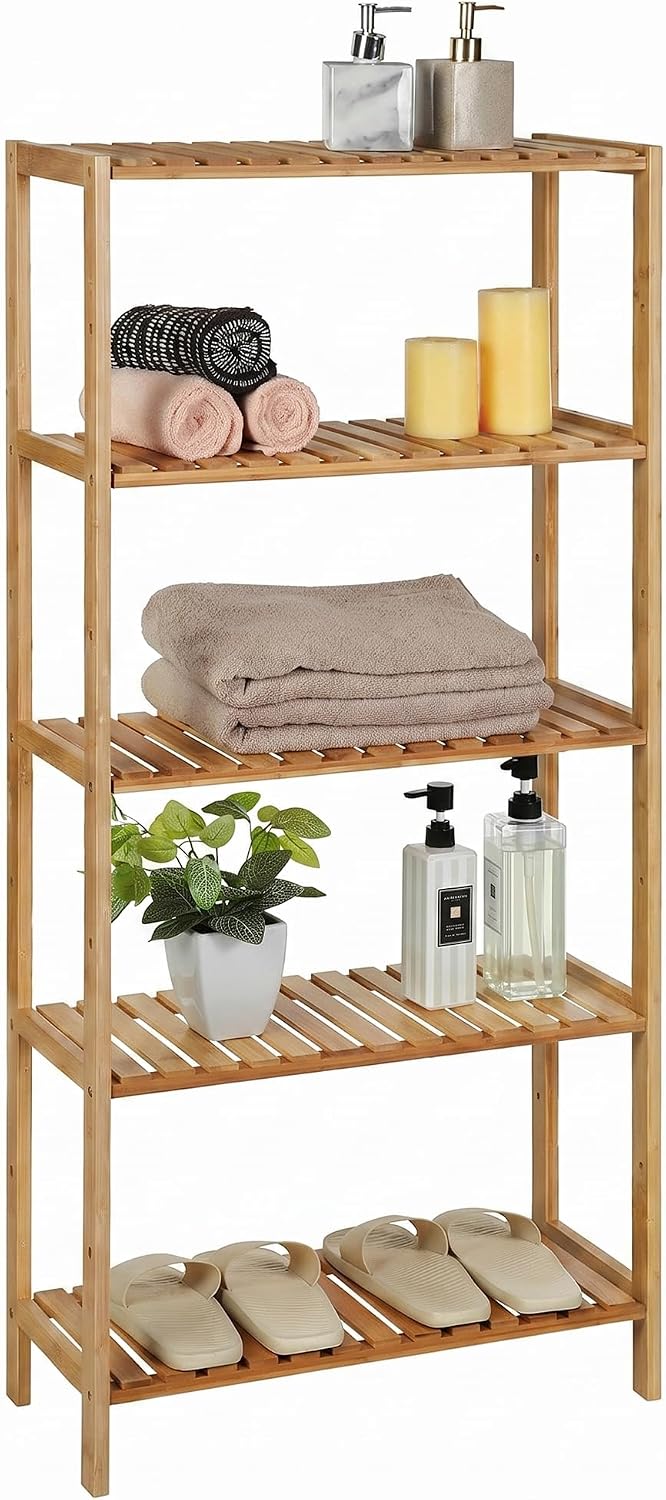 Detalle de SONGMICS BCB35Y Bamboo 5-Shelf Floor Storage Rack — Adjustable Heights in Natural Finish