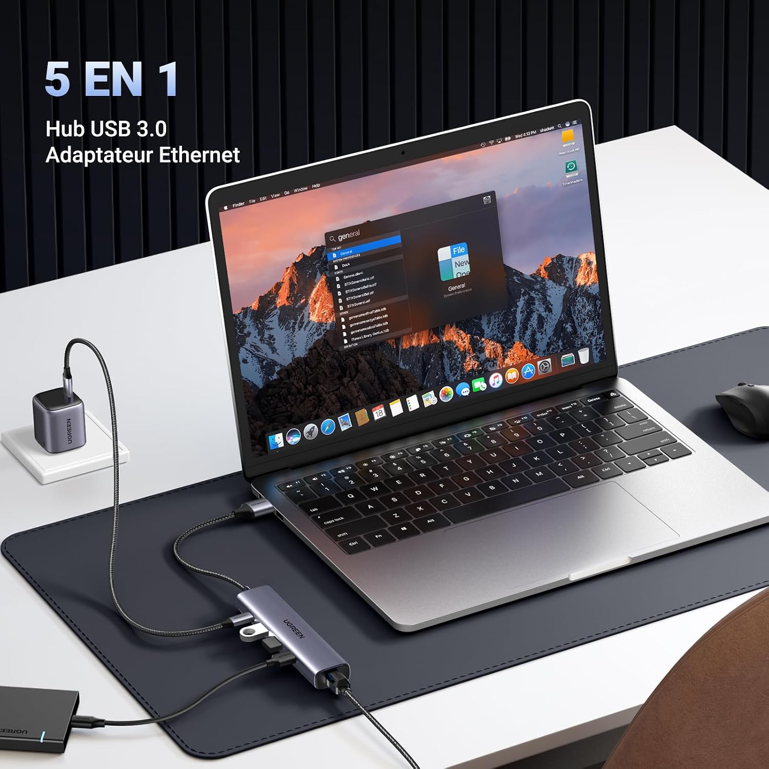 Detalle de UGREEN Hub USB 3.0 avec Adaptateur Ethernet 1000 Mbps et 3 Ports RJ45 — Aluminium