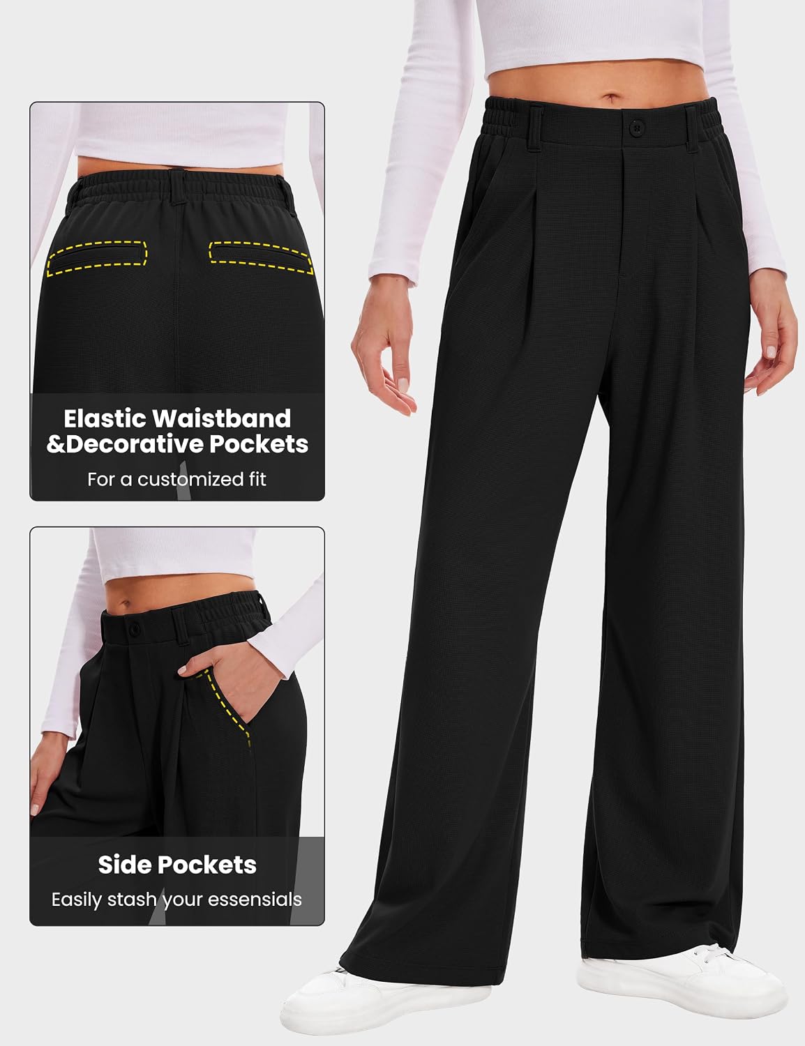 Detalle 2 de Desol Waffel Lang Palazzo Hose für Damen mit Taschen – High Waist Sommerhose aus luftigem Stoff
